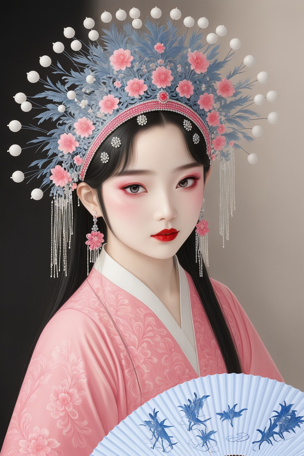 <lora:quyi2-000006:0.6>,quyi, 1girl, solo, earrings, hand fan, chinese clothes, long hair, looking at viewer, upper body, traditional media, holding