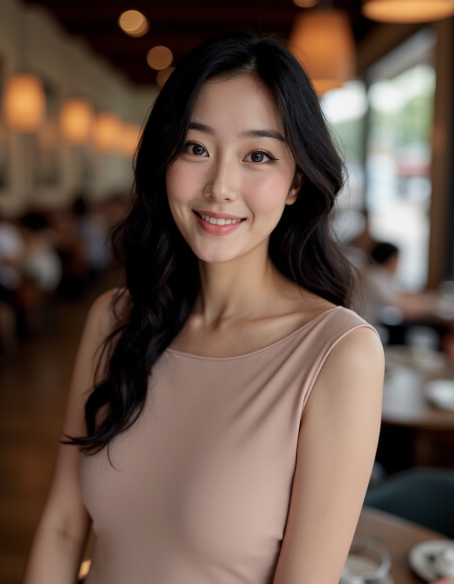 This is a  beautiful photograph of a woman, black hair cascading over her shoulders. She is wearing a boatneck dress, Standing in a cafe. Looking at the viewer. Smile.