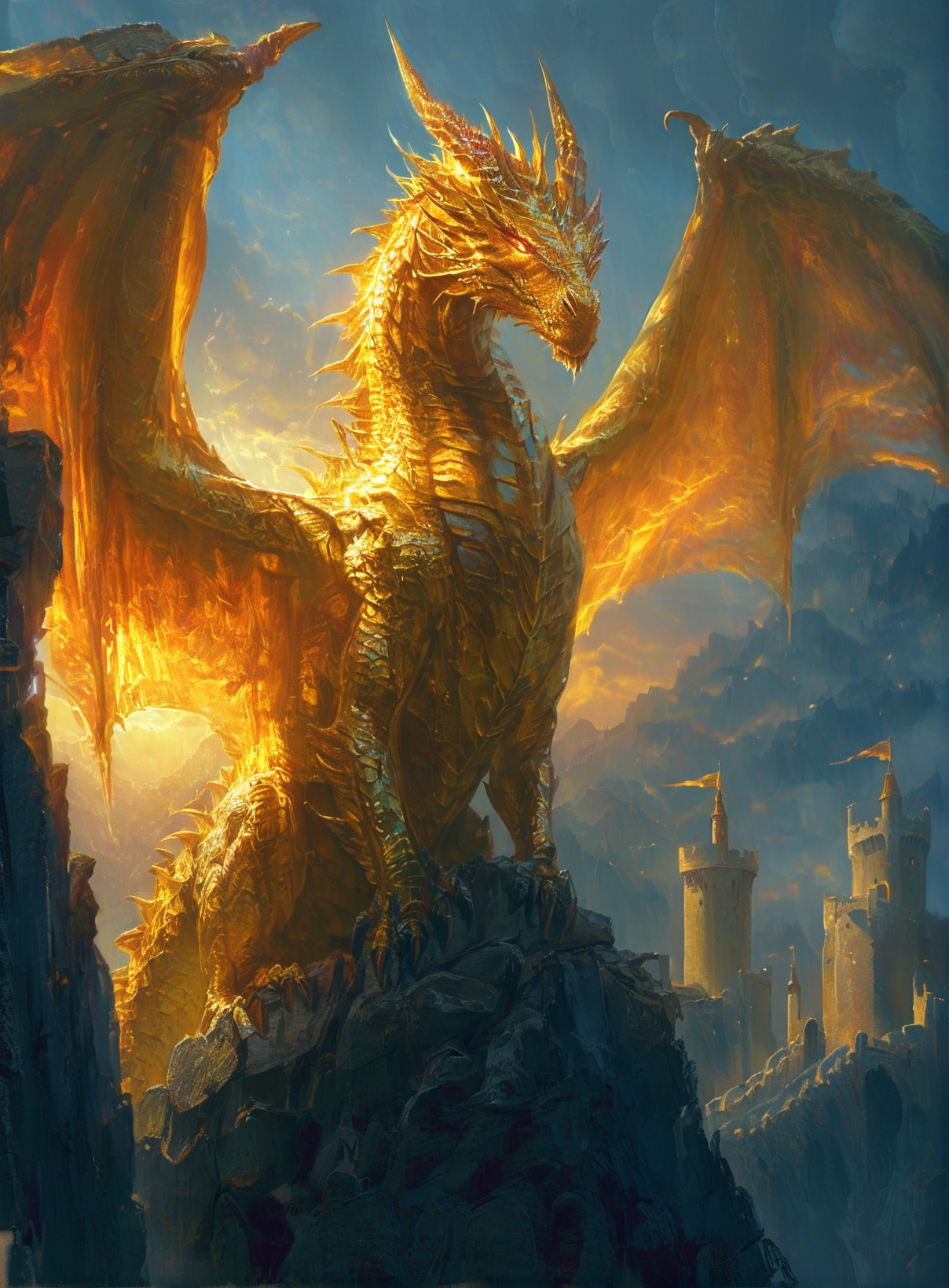 a majestic golden dragon perched atop a rocky cliff. The dragon's wings are spread wide, displaying a fiery glow, and its scales shimmer with a golden hue. The dragon's eyes are sharp and focused, and it appears to be gazing into the distance. In the background, there's a castle or fortress, partially illuminated by the setting or rising sun. The sky is painted with hues of orange, blue, and purple, suggesting either dawn or dusk. The overall ambiance of the image is one of fantasy and grandeur<lora:KING Gardon-000010:1>