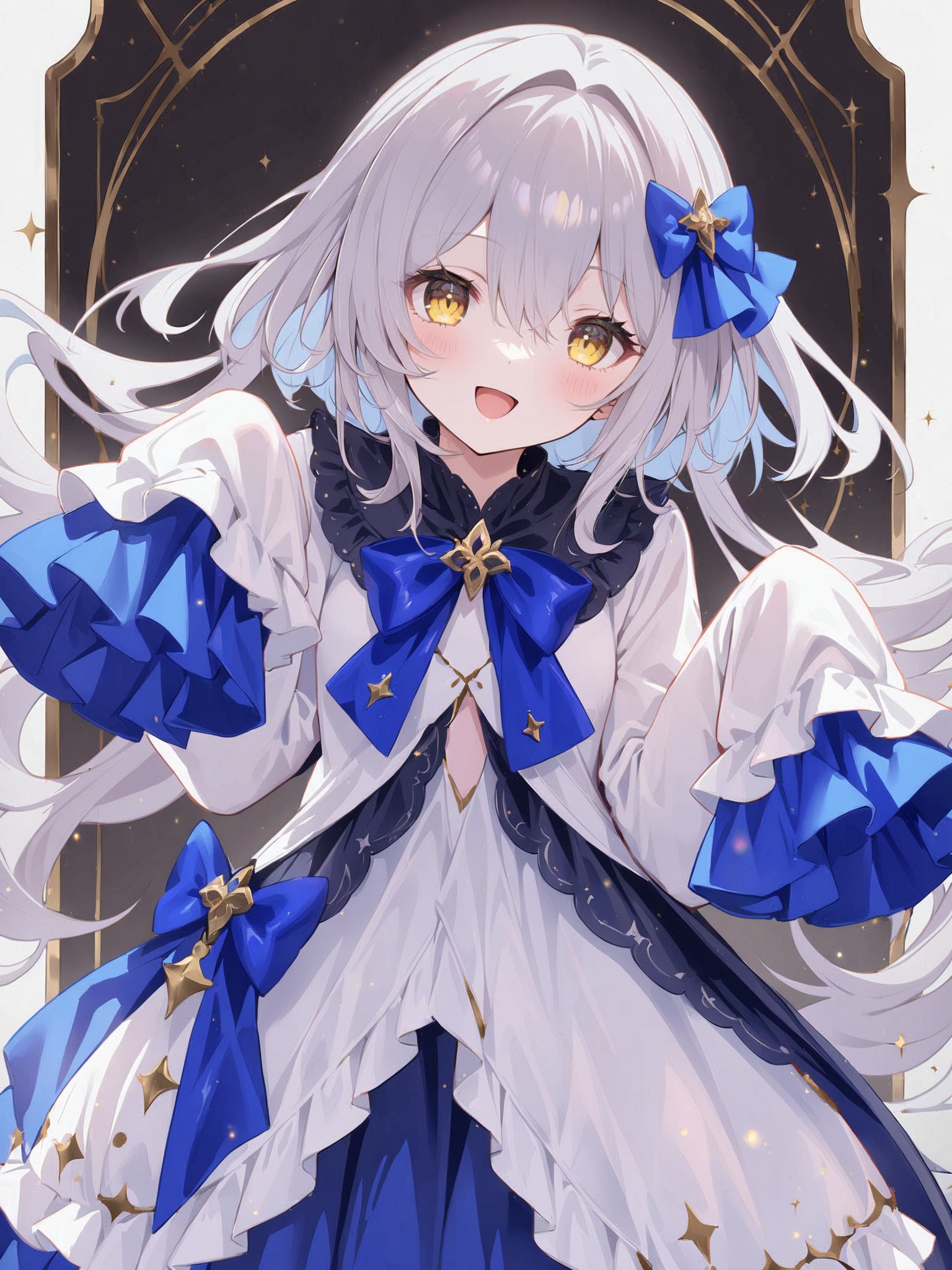 1girl,****,blush,looking at viewer,solo,grey hair,smile,open mouth,bow,yellow eyes,sleeves past wrists,sleeves past fingers,bangs,hair between eyes,upper body,:d,frills,long sleeves,skin ****,dress,white background,blue bow,veilmercury,Noyu,