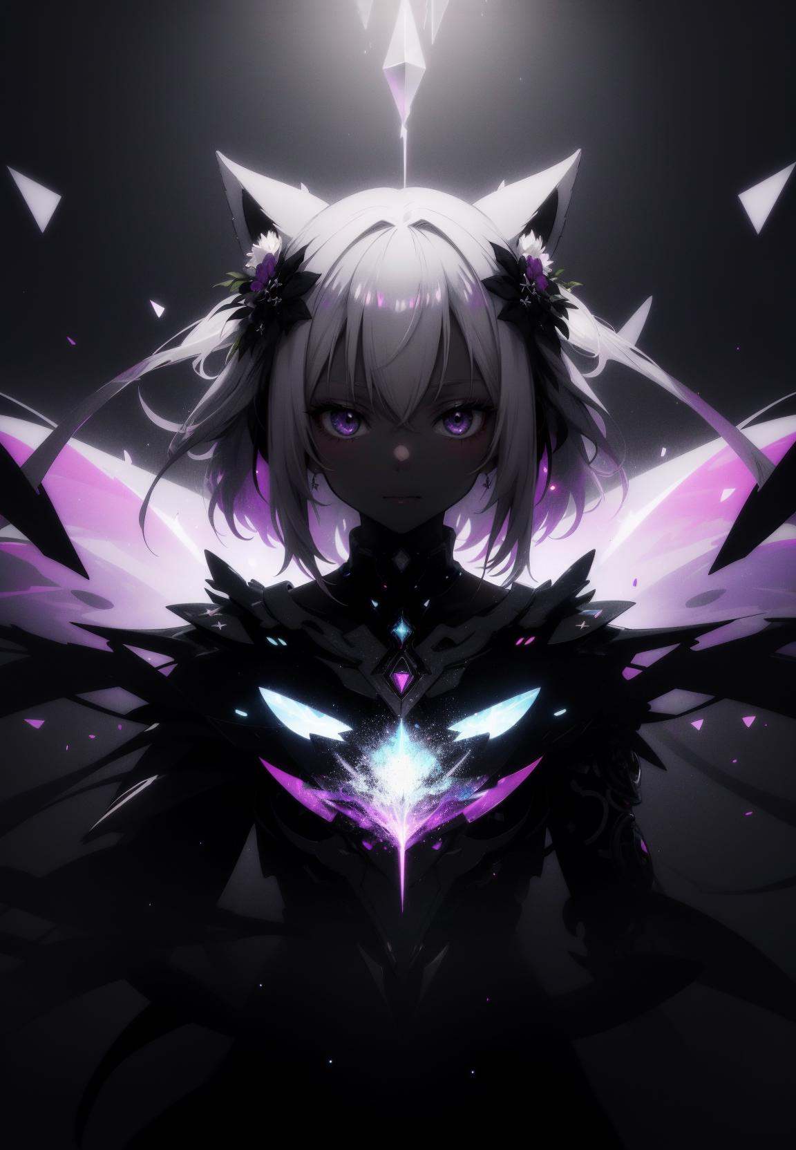 (abstract art:1.2), fractal art, psychedelic art, (style of Lyonel Feininger:1.18), white theme, dark theme, 1girl, flowers, animal ear fluff, (neon color), hyper fusion, cyber, headdress, cheerful expression, dark Lavender accent, masterpiece, best quality, ultra high res, nobility art, highly detailed, beautiful aesthetic, ethereal, atmosphere, (fisheye lens:1.18), (dark skin, dark-skinned female), emotional, looking at viewer, (sexual:1.2), (heat haze), (shimmer lines:1.3), deep aesthetic, guilty, (pov:1.35)