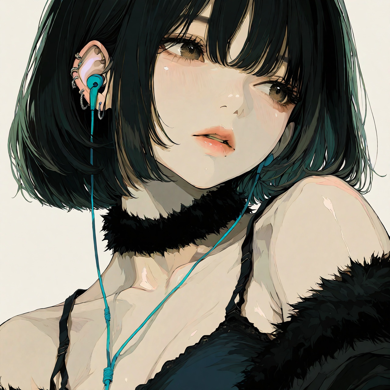 <lora:Tourun ThickPaint Style:0.8>,absurdres,realistic,rim light,wallpaper,best quality,1girl,solo,short hair,choker,earphones,piercing,upper body,black hair,jewelry,earrings,earbuds,jacket,black choker,bangs,ear piercing,looking away,bare shoulders,fur trim,off shoulder,collarbone,black jacket,simple background,fur-trimmed jacket,lips,camisole,parted lips,breasts,looking to the side,bob cut,portrait,