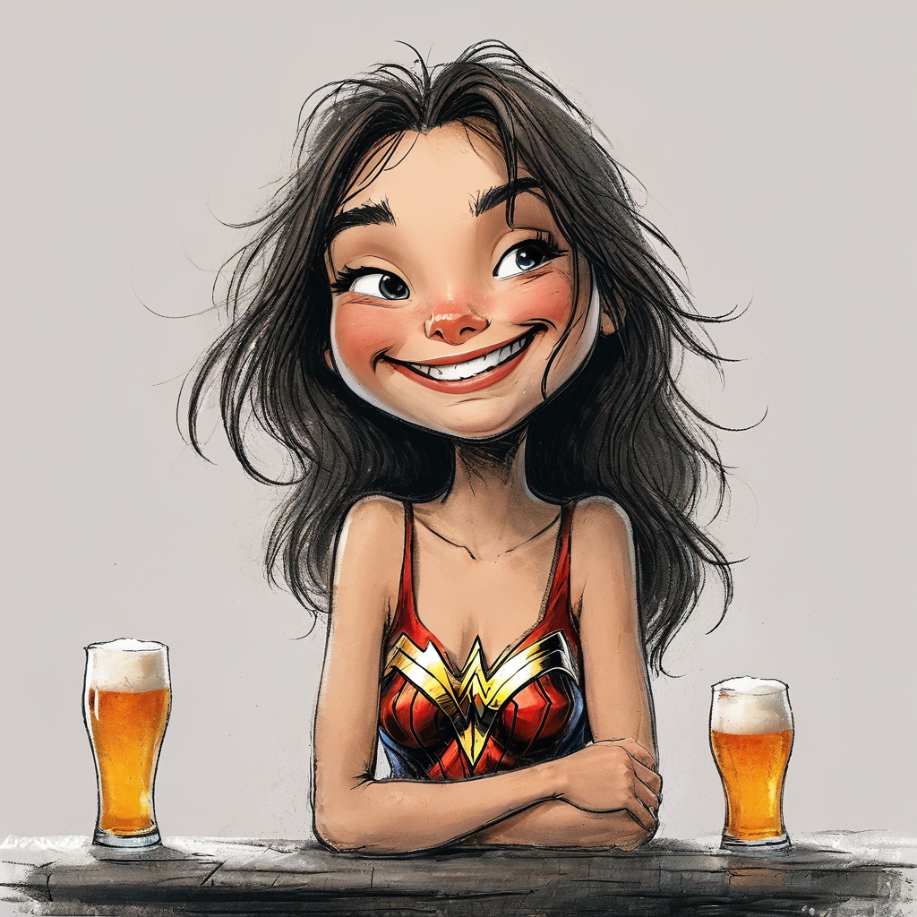 impactful color paint of cute drawing of Gal Gadot as Wonder Woman drinking a beer ,  highly detailed,  8k on Tensor.Art
