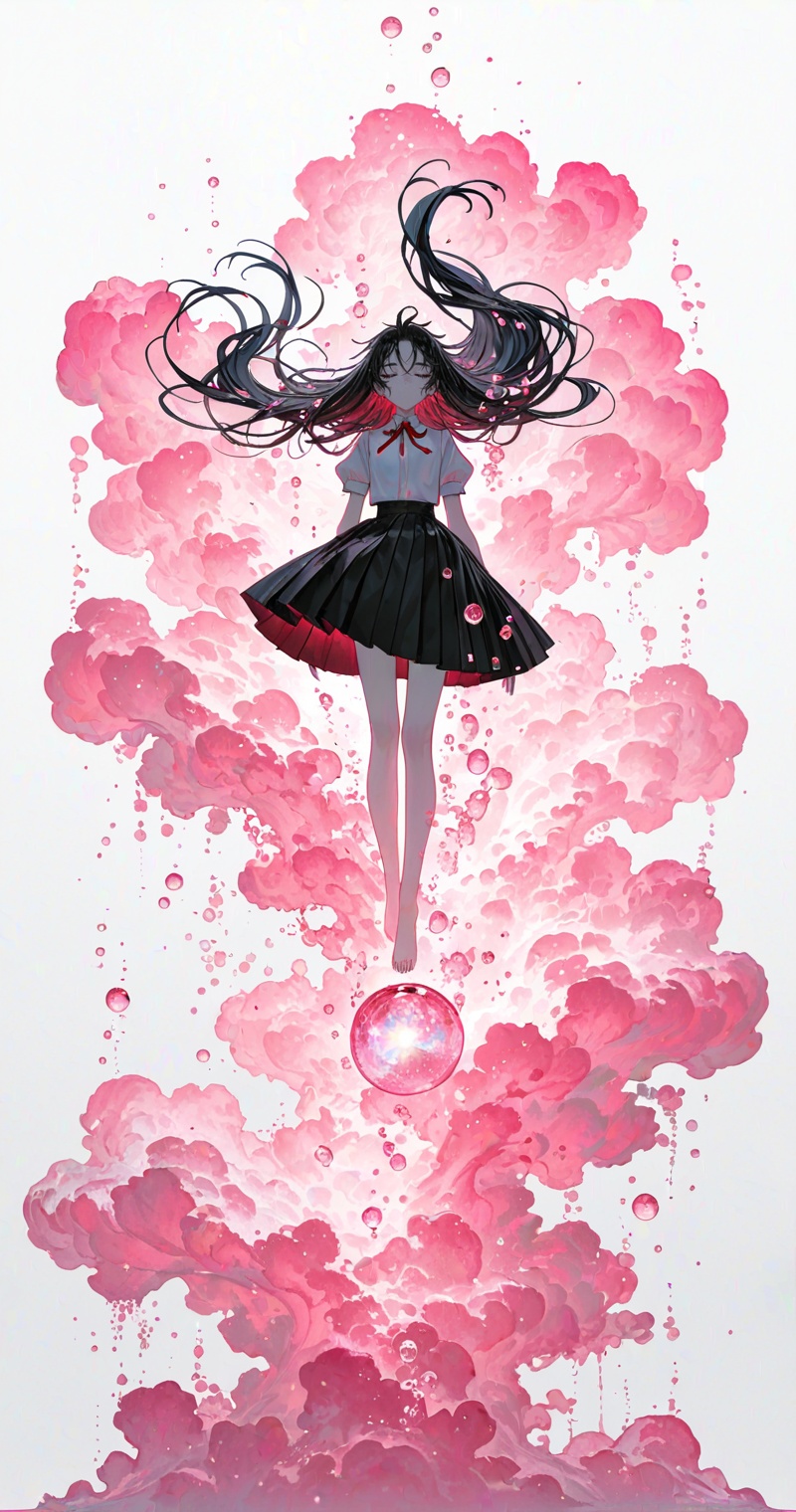 1girl,watercolor style,(soft blending:1.2),fluid colors,dreamy washes,delicate textures,organic shapes,atmospheric depth,bubble,limited color,solo,full body,puffy sleeves,neck ribbon,short sleeves,pale skin,holding breath,facing away,knees up,long hair,light particles,red ribbon,floating clothes,submerged,white shirt,shirt,floating hair,collared shirt,black skirt,simple background,puffy short sleeves,ripple,closed eyes,very long hair,ribbon,pink clouds,barefoot,bubble skirt,black hair,air bubble,wide shot,white background,pleated skirt,bare legs,no mouth,from behind,skirt,pink theme,underwater,floating object,highres,close-up details,outstanding style,adding a touch of dimension to your images without compromising details,whirls of vapor,iridescent textures,(Anime:1.1),ethereal ambiance,delicate details,magical high-concept,32K UHD,sharp focus,best-quality,masterpiece,golden hour,unconventional supreme masterpiece,masterful details,temperate atmosphere,with a high-end texture,in the style of fashion photography,photography,cover,dynamic angle,dynamic posture,(artist:quasarcake:0.8),extreme aesthetic,(wlop:0.6),(honjou raita, lack, rella:0.5, wanke),masterpiece,best quality,good quality,very aesthetic,absurdres,visual impact,a shot with tension,ultra-high resolution,32K UHD,sharp focus,best-quality,masterpiece,emotionalization,unconventional supreme masterpiece,masterful details,temperate atmosphere,with a high-end texture,in the style of fashion photography,(visual impact:1.2),giving the poster a dynamic and visually striking appearance,impactful picture,official art,colorful,splash of color,movie perspective,masterpiece,best quality,amazing quality,very aesthetic,absurdres,best quality,newest,