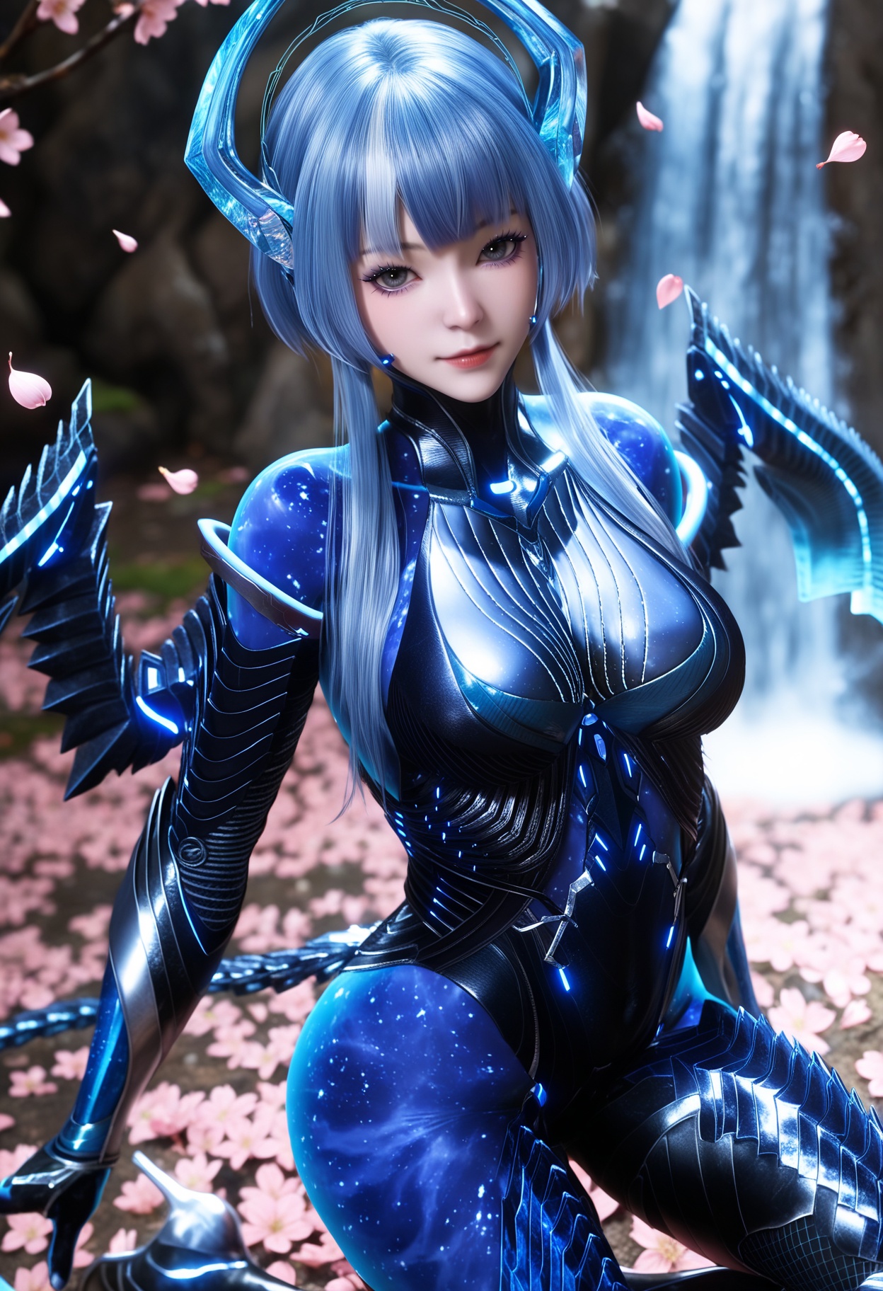 masterpiece,best quality,amazing quality,high resolution,ultra-detailed,absurdres,(looking at viewer:1.1),upper body,(moody lighting:1.1),waterfall,peach blossom,falling petals BREAK large breasts,babata,1girl,solo,blue hair,short hair,horns,bodysuit,blue eyes,wings,blue skin,blunt bangs,tail,short hair with long locks,sidelocks,grey hair,black eyes,armor,headgear,white hair,high heels BREAK photorealistic details,<lora:QQSillbabataV1:0.8>,