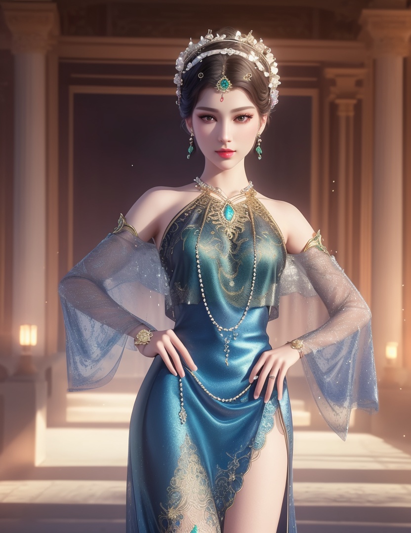 ultra realistic 8k cg, picture-perfect face, flawless, clean, masterpiece, professional artwork, famous artwork, cinematic lighting, cinematic bloom, perfect face, beautiful face, fantasy, dreamlike, unreal, science fiction,  beautiful clothes, lace, lace trim, lace-trimmed legwear,  (rich:1.4), prestige, luxury, jewelry, diamond, gold, pearl, gem, sapphire, ruby, emerald, intricate detail, delicate pattern, charming, alluring, seductive, erotic, enchanting, hair ornament, necklace, earrings, bracelet, armlet,halo((,1girl, pov,))(((,  1girl,  solo,looking at viewer, ))),(((1girl, solo, dress, jewelry)))<lora:DA_WhiteSnakeGreenSnake:0.7>