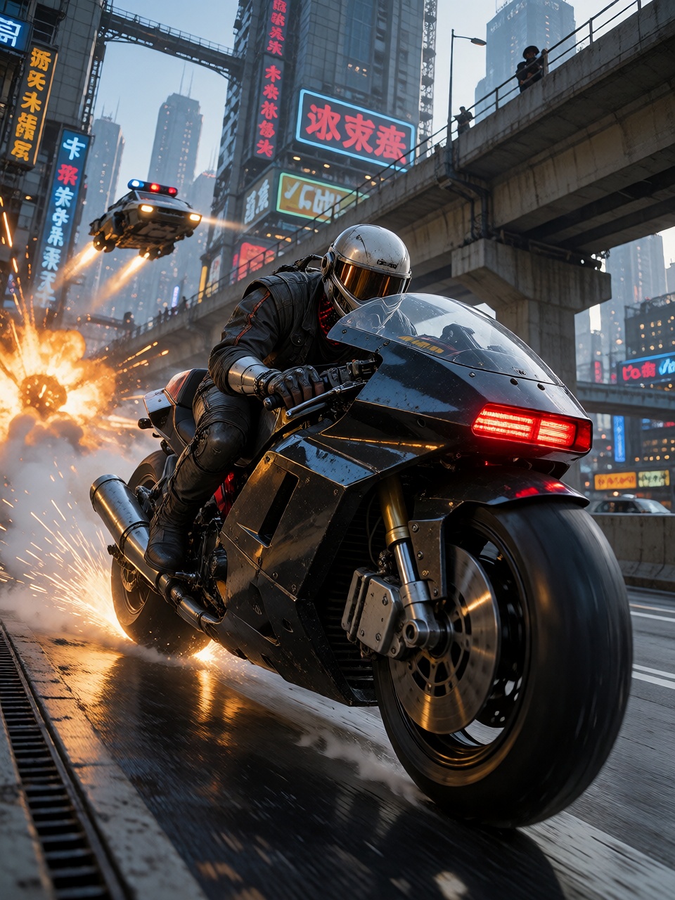 An ***** biker with mirrored visor and a red illuminated cybernetic spine riding a futuristic black motorcycle at impossib...