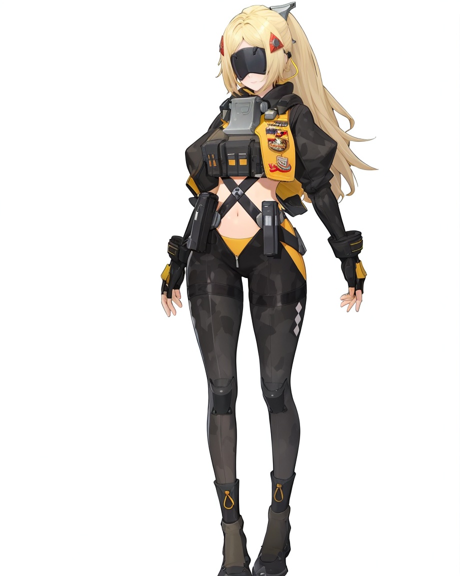 8k,best quality,masterpiece,(ultra-detailed),(high detailed skin),(by nanoless, by misumi \(macaroni\),:0.5),A full-body portrait of a young girl,standing gracefully,pastel art style,high-key lighting,shoujo manga influence,hd quality,delicate details,full body,full shot,standing,looking at viewer,(solo:1.2),simple background,white background,<lora:trigger-sd-Tanger:0.8>,trigger \(zenless zone zero\),clothes:trigger  black and yellow Combat uniforms,trigger half mask,1girl,long hair,blonde hair,fingerless gloves,ponytail,navel,jacket,