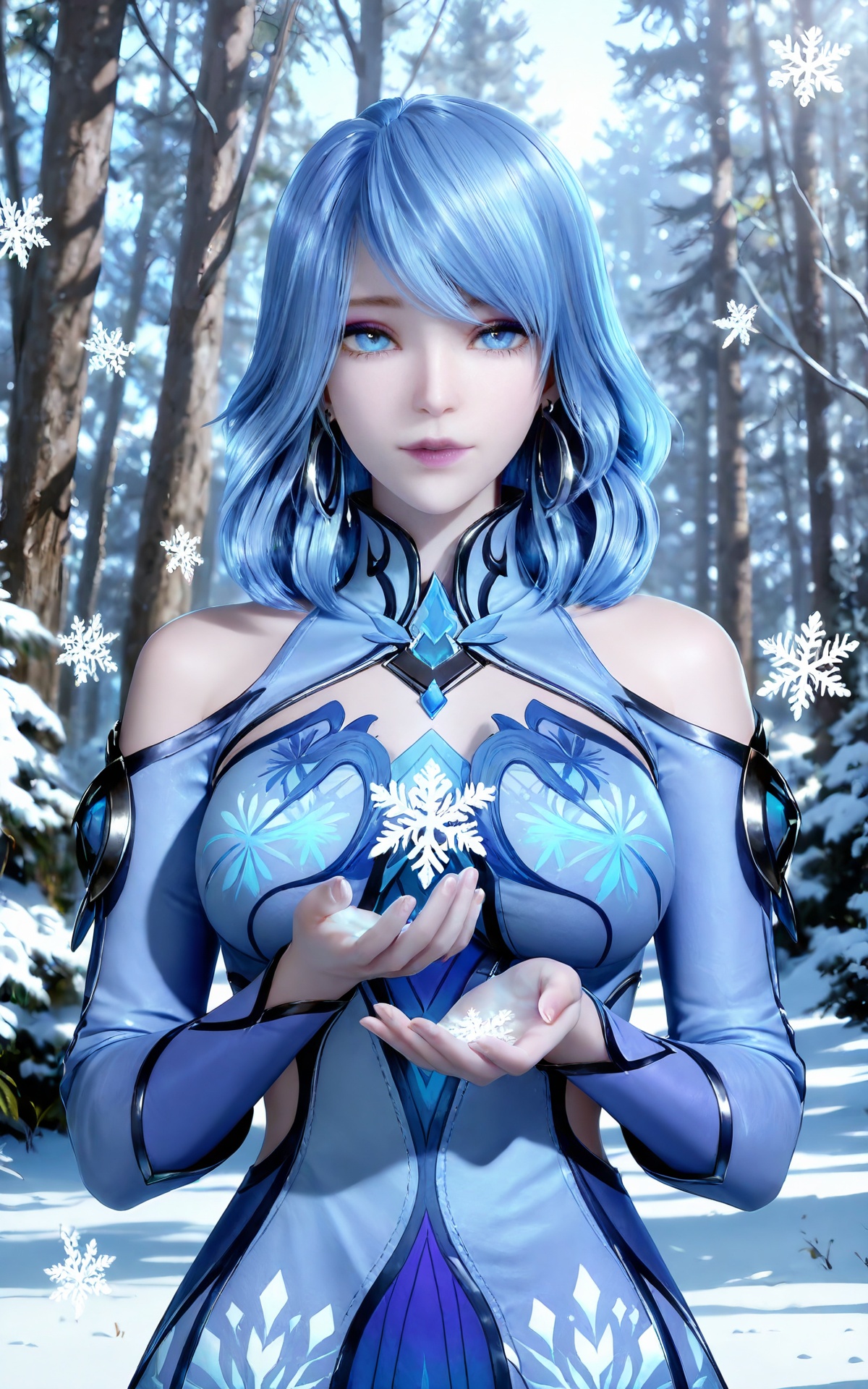 masterpiece,high quality,tall,game cg,highres,(soft light:1.2),white_skin,(shiny_skin:0.6),(realistic:1.1),<lora:水冰儿ILL:0.8>,shuibinger,blue hair,blue eyes,longeyelashes,makeup,medium hair,looking at viewer,long sleeves,nature,flowers,day,1girl,solo,dress,large breasts,earrings,jewelry,long hair,(upper_body:1.2),looking at viewer,hoop earrings,(collared_dress:1.1),bare shoulders,frills,short dress,print_dress,blue dress,winter,sonw,snow,ice,snowflakes,snowfakes floating on the hand,