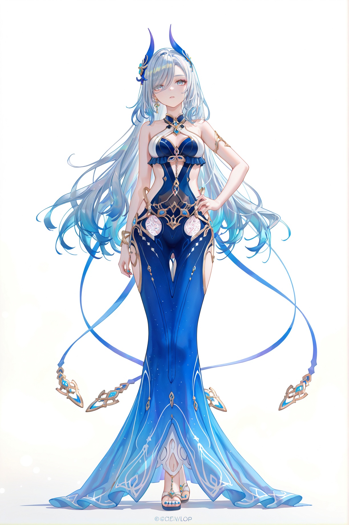 8k,best quality,masterpiece,(ultra-detailed),(high detailed skin),((artist:reoen),(artist:fuzichoco),(artist:atdan),(artist:torino_aqua),year 2024:0.8)1girl,[artist:wlop],[artist:ningen_mame],artist:ciloranko,[[artist:rhasta]],artist:tidsean,colorful,jijia,2d,ambient light,full body,full shot,standing,looking at viewer,(solo:1.2),simple background,(white background:1.2),hand on own hip,(white background:1.1),shenhe \(genshin impact\),grey hair,<lora:mobius-ill-Tanger:0.8>,mobius, mobius's swimsuit, 1girl, breasts, blue dress, blue horn hair ornaments,
