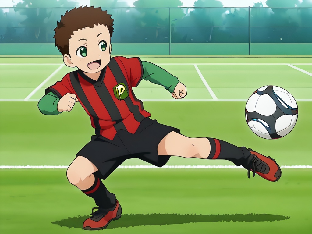 <lora:Ohta_Shou_XL:1>,do not split pictures,best quality,best detail,masterpiece,male focus,soccer field,1boy,male_child,petite,brown hair,dark green eyes,Very short hair,black and red striped football uniform,football shoes,sport socks,happy,perfect hands,(5fingers:1.3),correct anatomy,soccer ball,kicking soccer ball,huge filesize,available light,front view,depth of field,