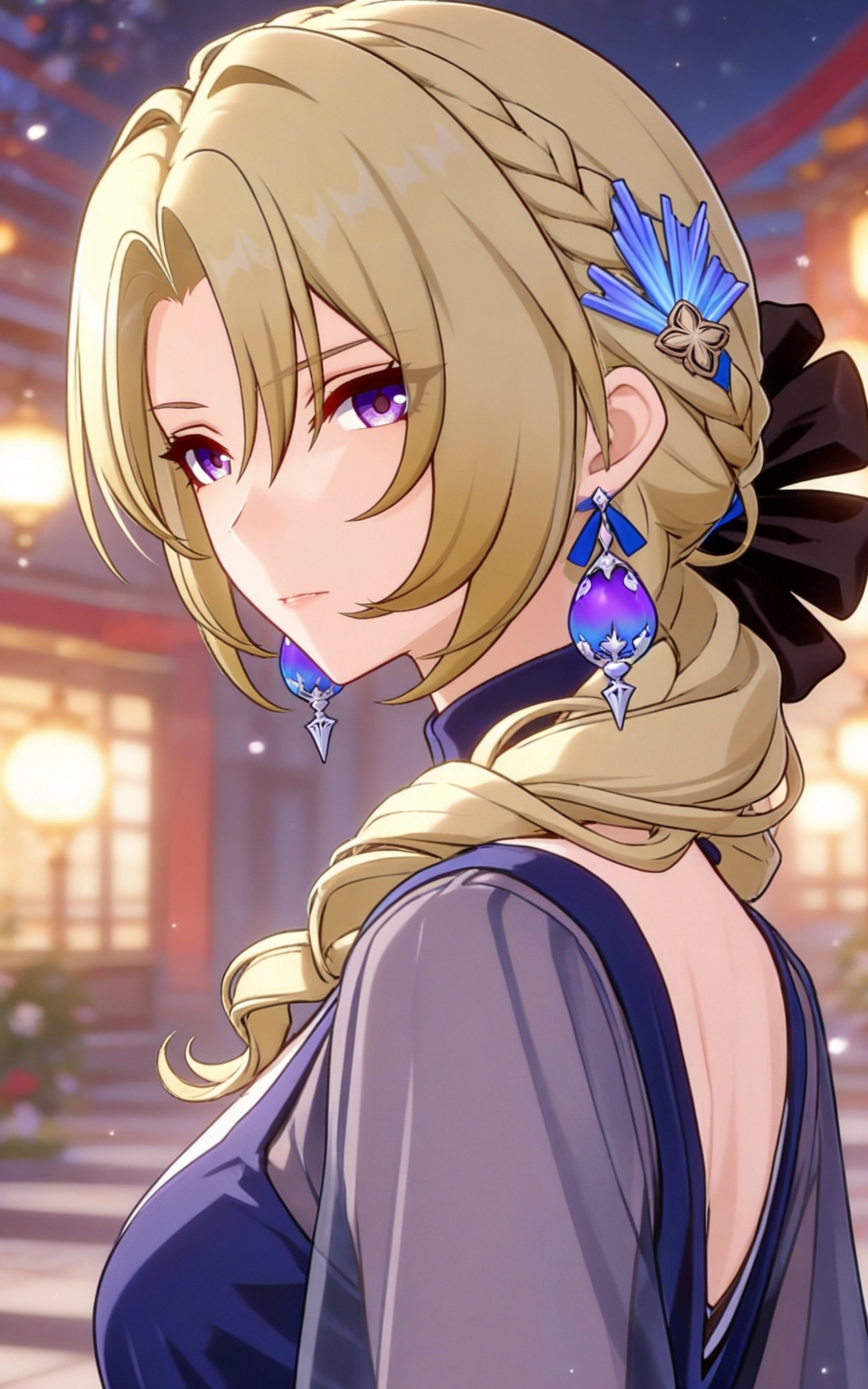 depth of field,masterpiece,best quality,very aesthetic,alternate costume,alternate costume,2024,2023,perfect composition,ultra-detailed,extreme aesthetic,masterpiece,best quality,good quality,newest,year 2024,year 2023,very aesthetic,absurdres,looking_at_viewer,colorful,upper_body,<lora:可可利亚·衣服百搭款ILL:0.8>,cocolia rand \(honkai: star rail\),blonde hair,long hair,drill hair,purple eyes,hair bow,black bow,hair over shoulder,hair_ornament,braid,jewelry,earrings,