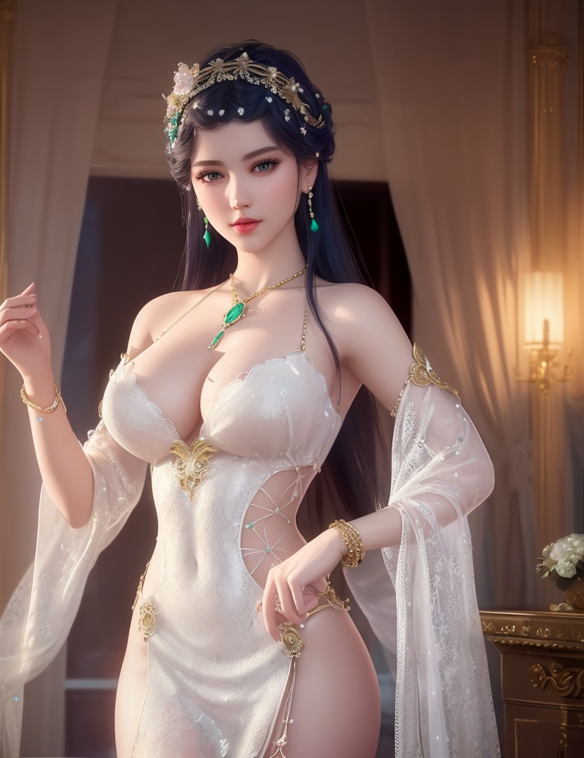 ultra realistic 8k cg, picture-perfect face, flawless, clean, masterpiece, professional artwork, famous artwork, cinematic lighting, cinematic bloom, perfect face, beautiful face, fantasy, dreamlike, unreal, science fiction,  beautiful clothes, lace, lace trim, lace-trimmed legwear,  (rich:1.4), prestige, luxury, jewelry, diamond, gold, pearl, gem, sapphire, ruby, emerald, intricate detail, delicate pattern, charming, alluring, seductive, erotic, enchanting, hair ornament, necklace, earrings, bracelet, armlet,halo((,1girl, pov,))(((,  1girl,  solo,looking at viewer, ))),(((1girl, solo, dress, jewelry,large breasts, )))<lora:DA_WhiteSnakeGreenSnake:0.7>