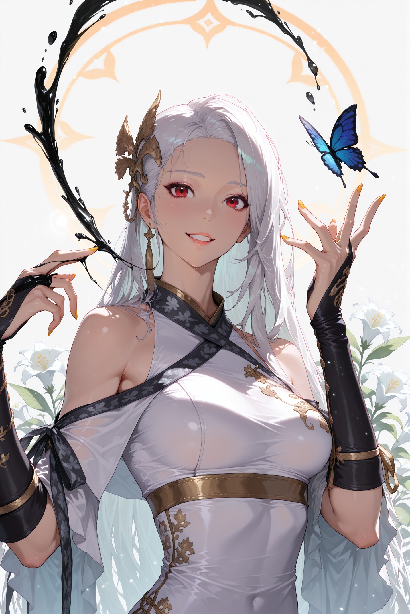 <lora:jiandie-000178:1>,vagabond \(dungeon and fighter\),clothes: vagabond def chinese clothes,red eyes,silver hair, vagabond hair ornament,1girl,solo,long hair,very long hair,white hair,open lips,breasts,smile,bare shoulders,medium breasts,nails,upper body,teeth,depth of field,holding,looking at the viewer,raising hands,looking up,standing,cowboy lens,blur,water,liquid,simple background,white background,(ink:1.3),butterfly,bug,flower,nail polish,masterpiece,high resolution,absurd,beautiful,very beautiful,drawing\medium\,charcoal\medium\,floral pattern,(light and shadow contrast:1.3),chaos art,bright colors,multicolor,high contrast,glitch background,Halo,Light particles,lens flare,