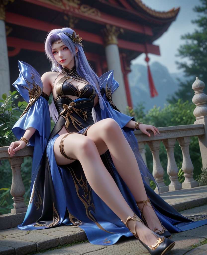 (oriental architecture, elegant decor, sophisticated style:1.1),(Sitting on a ledge, legs dangling, looking down,:1.1),(breasts:1.2),<lora:XL16克金玩家暗夜:0.95>,miss anye,black dress,blue eyes,lilac hair,long cascading hair with long front braid,hair ornament,blue hagoromo,black high heels,bracelet,legband,jewelry,, zPDXL2, score_9, score_8_up, score_7_up BREAK realistic, masterpiece,best quality, highly detailed,, zPDXL3, zPDXL2,zPDXL, zPDXLxxx, zPDXLrl,