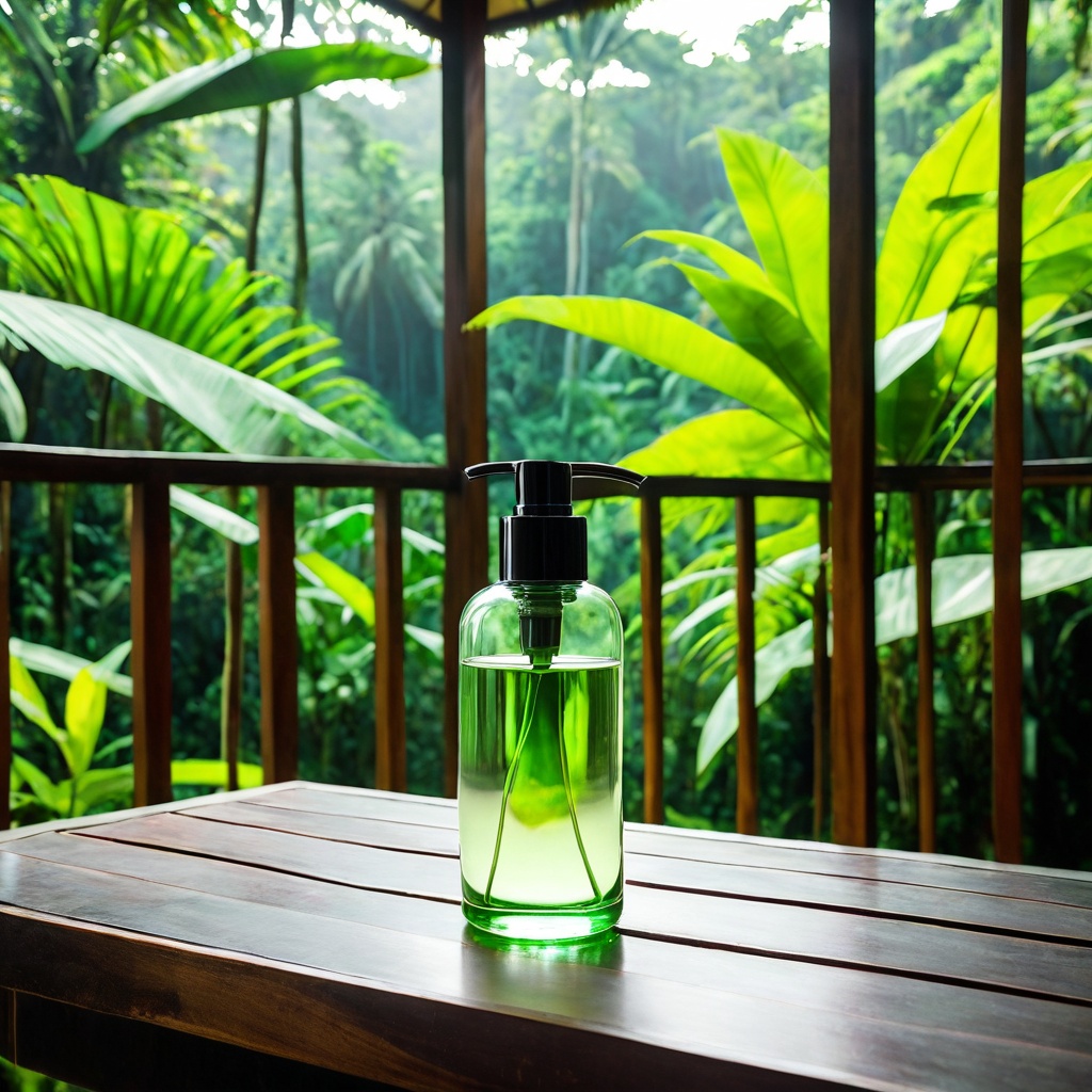 scenebalinjungl,  a glass skincare bottle,  Balinese jungle villa terrace on Tensor.Art
