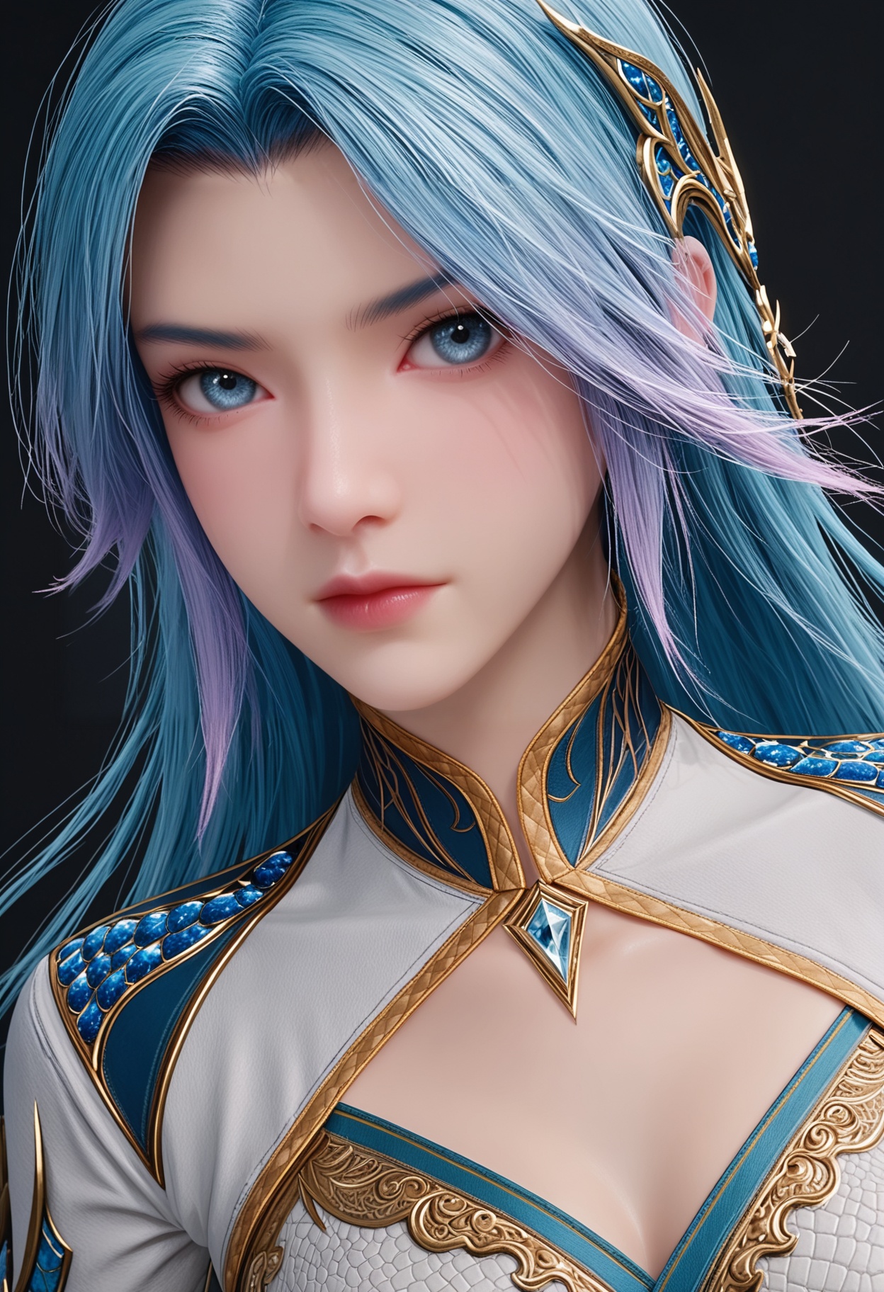 perfect_anatomy,score_9,(upper_body:1.1),looking_at_viewer,<lora:YQ_pony_wangqiuer_V3:0.8>,q1528437228,1girl,solo,long hair,blue hair,blue eyes,breasts,dress,hair ornament,realistic,white dress,lips,multicolored hair,perfect_anatomy BREAK perfect_anatomy,simple background,black background,(shiny_skin),(Ivory_skin:1.1),(cinematic lighting),