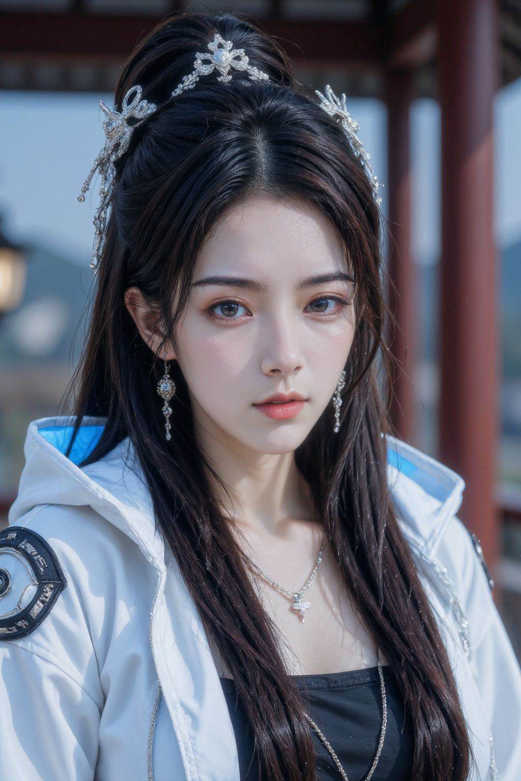 Senior Photography,1girl,solo,brown eyes,black hair,looking at viewer,hanfu,chinese clothes,science fiction,long hair,cyberpunk,robot joints,glowing cloak, <lora:Again_Girl_F.1_2:0.8>