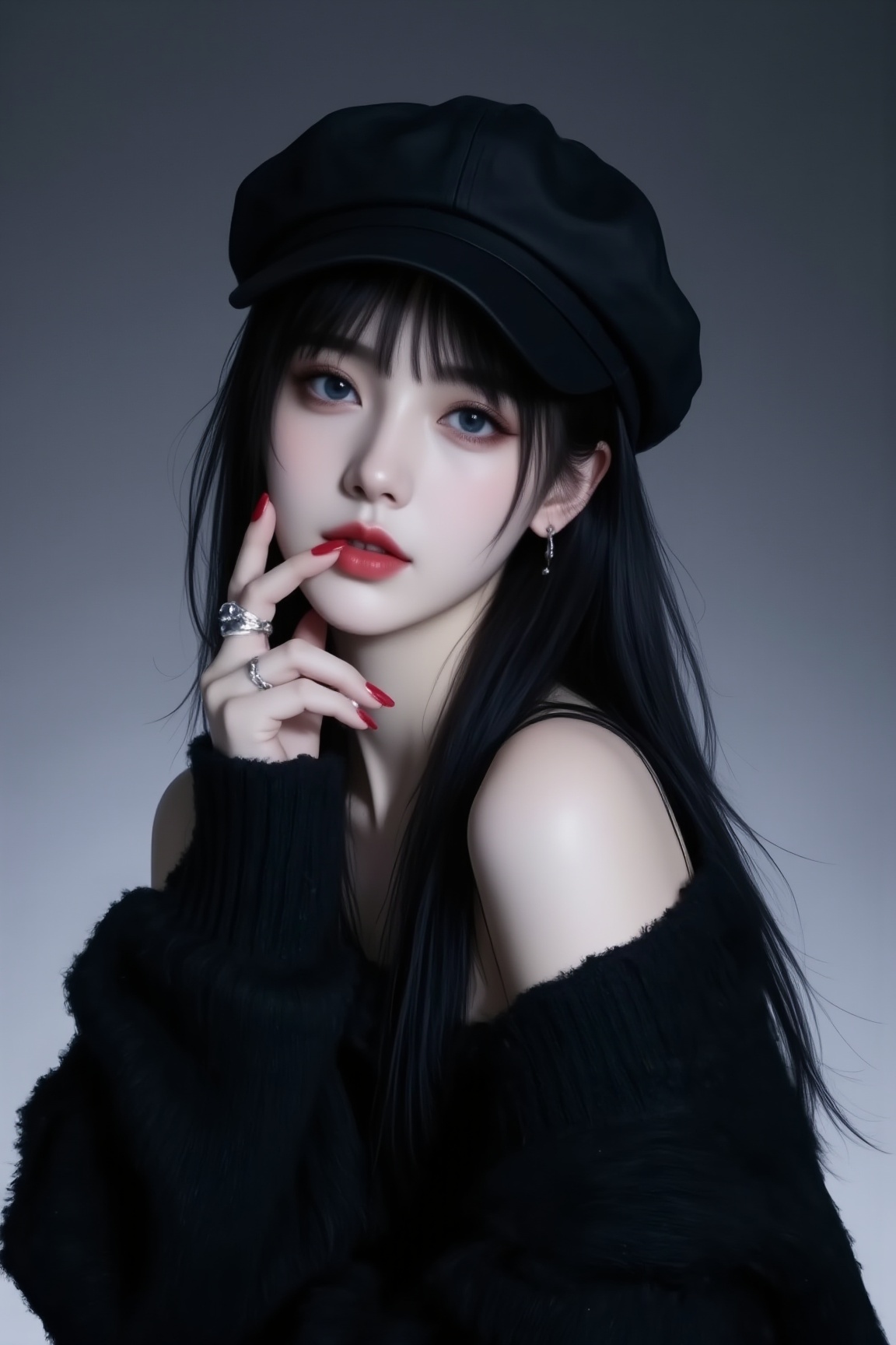 <lora:YY-拽姐F.1:1>,a young woman with a pale,delicate complexion,set against a gradient grey background. She has long,straight black hair cascading over her shoulders,partially covered by a black cap worn at an angle. Her eyes are a striking blue,accentuated by heavy,dark eyeliner and mascara,and her lips are painted a bold,vivid red. She is wearing a loose,oversized black sweater that falls off her shoulder,revealing a small portion of her collarbone. Her nails are painted a matching red,and she has a silver ring on her left index finger. The woman's pose is slightly tilted,with her right hand gently touching her face,fingers slightly curled,and her left arm draped across her body. The overall aesthetic is dark and moody,with a minimalist style that emphasizes her delicate features and the stark contrast between her pale skin and the dark clothing. The illustration is highly detailed,with a smooth,almost glass-like finish,showcasing the artist's skill in capturing fine textures and subtle shading.,