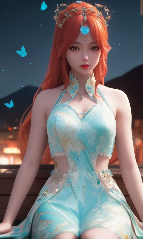 (,1girl, ,best quality, ),looking at viewer, <lora:368-DA-沧元图-柳七月-凤凰变身:0.8>,ultra detailed background,ultra detailed background,ultra realistic 8k cg, ,masterpiece, (( , )),,  fiction,mole, , ,tamari \(flawless\),     ,, 1girl,butterfly sitting,  night, star_\(sky\)(()),