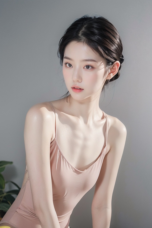 HDR,UHD,8K,Highly detailed,best quality,masterpiece,masterpiece, best quality, realistic,1girl,loli,upper body,fov, sitting,leotard,pink leotard,white skin,simple background,Studio lighting,(EOS R8,50mm,F1.2,8K,RAW photo,frontlight,(((masterpiece))), ((the best quality, super fine illustrations,)), ((very delicate light)), ((fine lighting,very fine 8KCG wallpapers)),