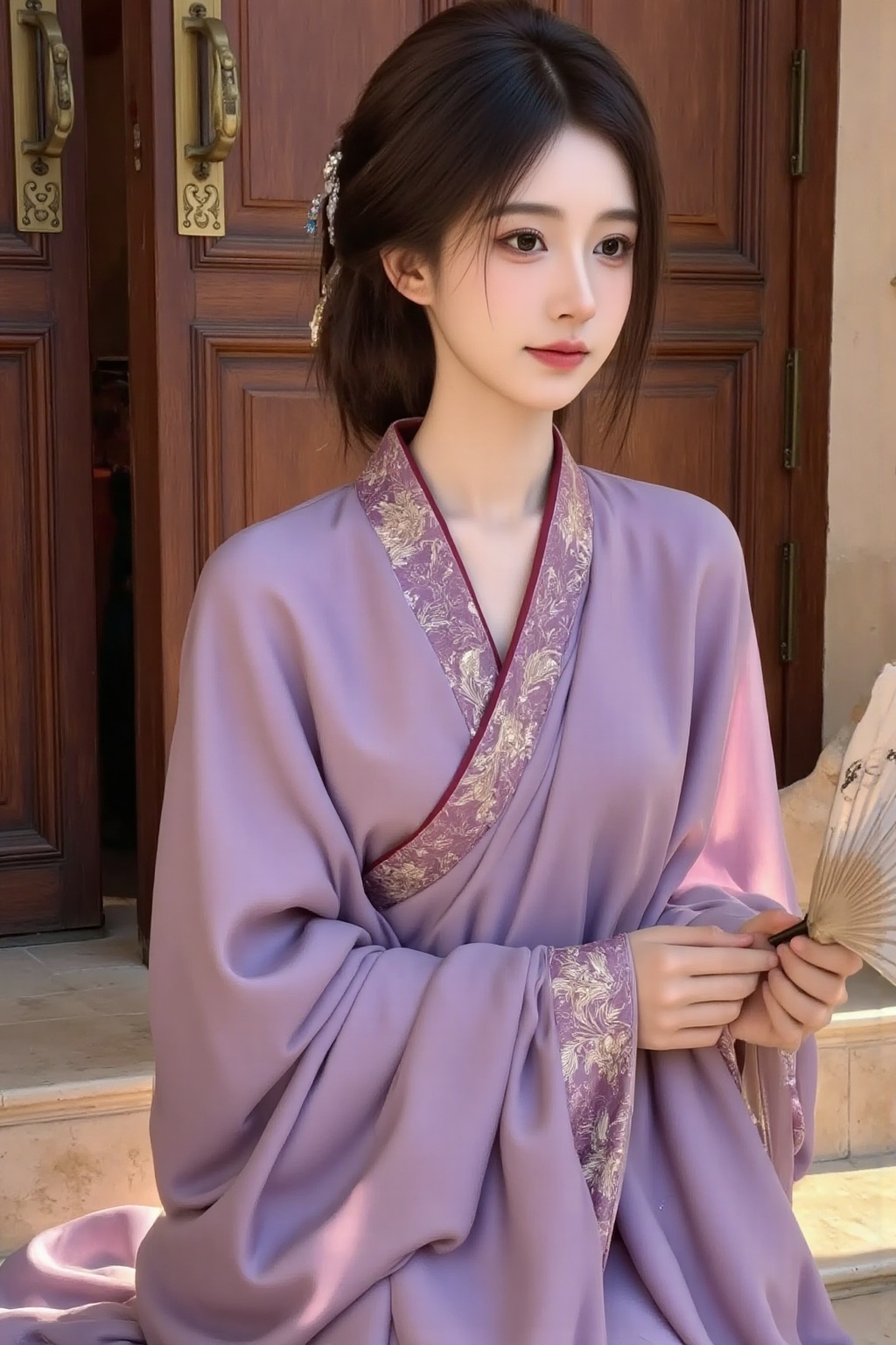 War robe,beauty,This is a high-resolution photo of an Asian young woman dressed in traditional Hanfu,a historic Chinese garment. The woman has fair skin and is wearing a flowing purple long-sleeved V-neck robe,adorned with delicate gold embroidery at the neck and hem,adding a touch of elegance and refinement. She wears a purple-red sash tied around her waist,emphasizing her slender figure.,Her hair is styled in an elaborate chignon,decorated with delicate silver hairpins,adding a touch of refinement. In her right hand,she holds a small fan,which is open and placed casually beside her. The background features a wooden door with brass handles,suggesting an indoor setting,possibly within a traditional Chinese residence or a historical museum. The door is partially open,allowing sunlight to cast warm light on the woman,creating soft natural light that enhances the texture of her clothing. The floor is tiled with light beige tiles,adding a sense of serenity and tradition to the scene. The overall atmosphere is one of elegance and cultural heritage.,