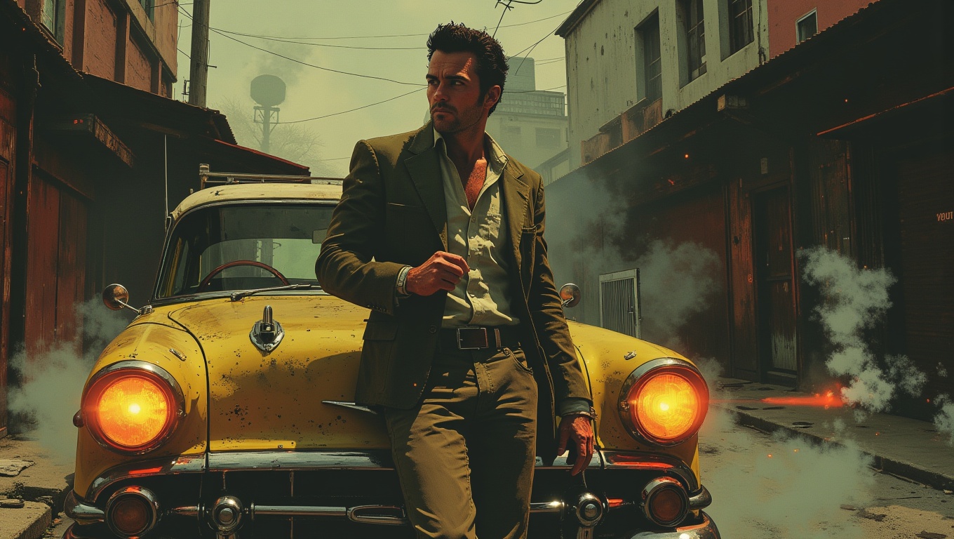 A man in a casual suit leans against the hood of a vintage car,  flicking a cigarette into the street. His expression is c...