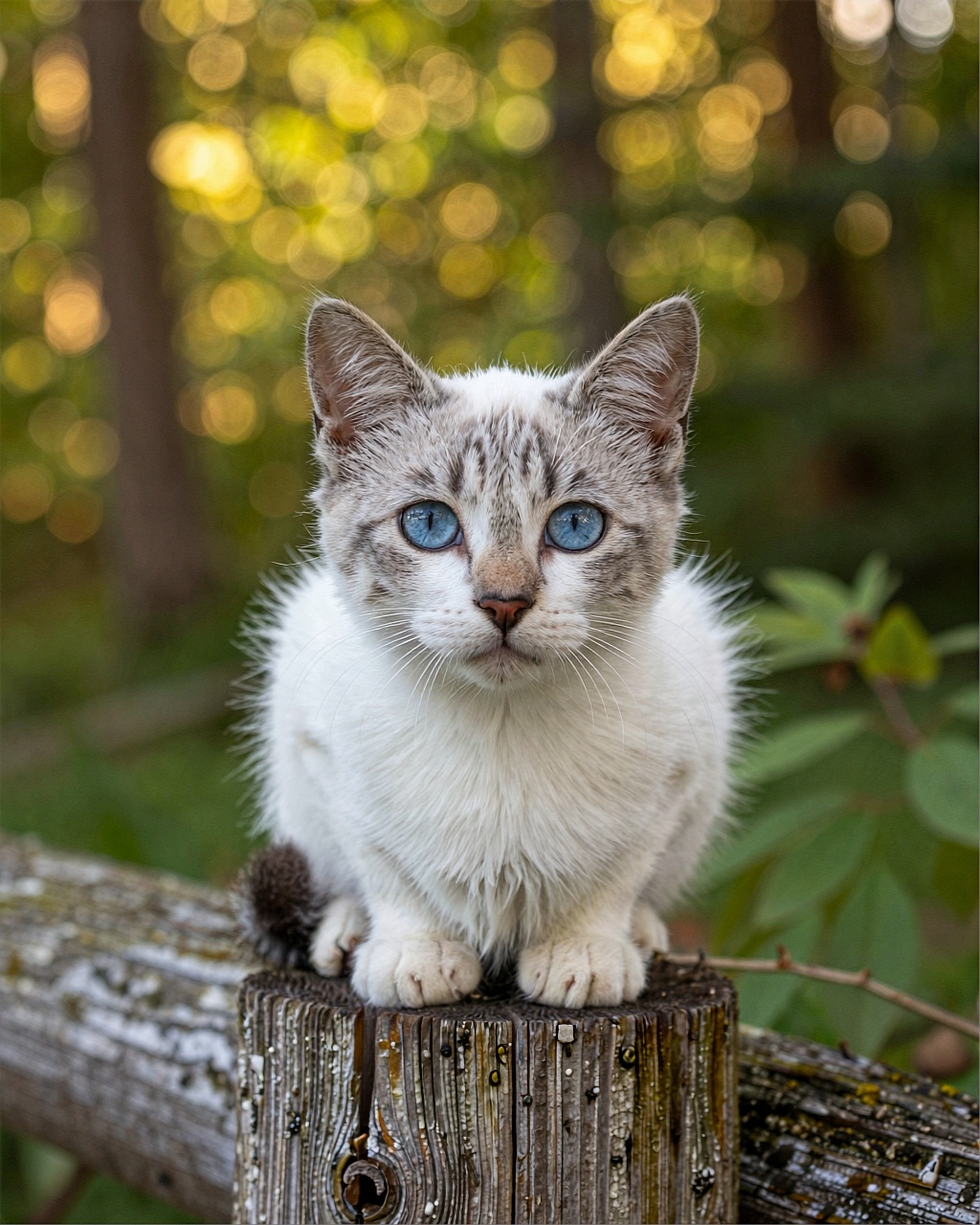 A small kitten with soft gray and white fur sits attentively atop a weathered wooden post that rests on a rough stone ledg...