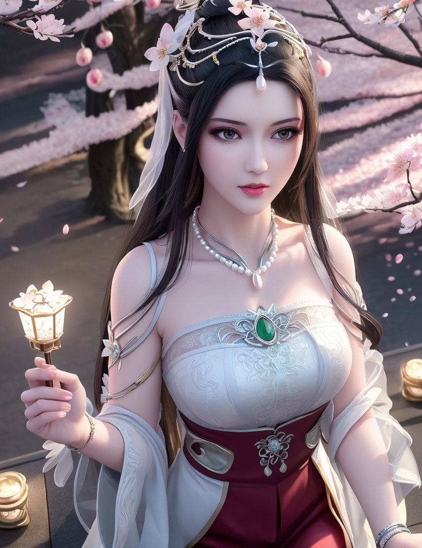 ultra realistic 8k cg, picture-perfect face, flawless, clean, masterpiece, professional artwork, famous artwork, cinematic lighting, cinematic bloom, perfect face, beautiful face, fantasy, dreamlike, unreal, science fiction,   lace, lace trim, lace-trimmed legwear,  (rich:1.4), prestige, luxury, jewelry, diamond, gold, pearl, gem, sapphire, ruby, emerald, intricate detail, delicate pattern, charming, alluring, seductive, erotic, enchanting, hair ornament, necklace, earrings, bracelet, armlet,halo((,1girl, pov,))  , ((((1girl, solo, ,cherry blossoms,outdoors, ))))<lora:DA_LinQingZhu:0.7>