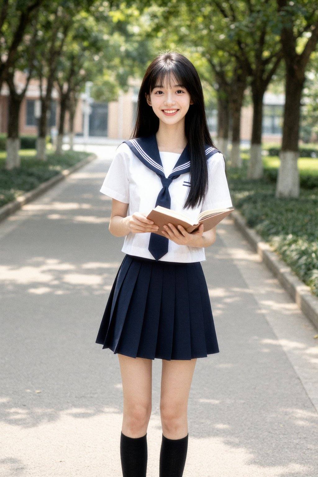 A young Asian woman, estimated age range 18-22, stands gracefully on a paved pathway, smiling warmly. She wears a classic school uniform comprising a white short-sleeved blouse with a navy blue sailor collar and tie. Her skirt is a pleated navy mini-skirt, contrasting with the white blouse. She has long, straight black hair with a fringe, slightly covering her eyebrows. Her skin is fair, smooth and her eyes are dark. She holds an open book with a brown cover, her expression radiating joy. Her legs are slender, and she is wearing knee-high black socks. The path is lined with tall trees, casting soft shadows across the scene, indicating bright daylight. The background reveals a building in the distance, partially blurred. The overall lighting is natural and even, enhancing the colors and details. The composition is a medium shot, slightly from a low angle, enhancing her presence. The image conveys a cheerful, youthful, and vibrant mood, possibly a school setting, with an air of pleasantness. Art style can be described as detailed realism with soft, warm tones.