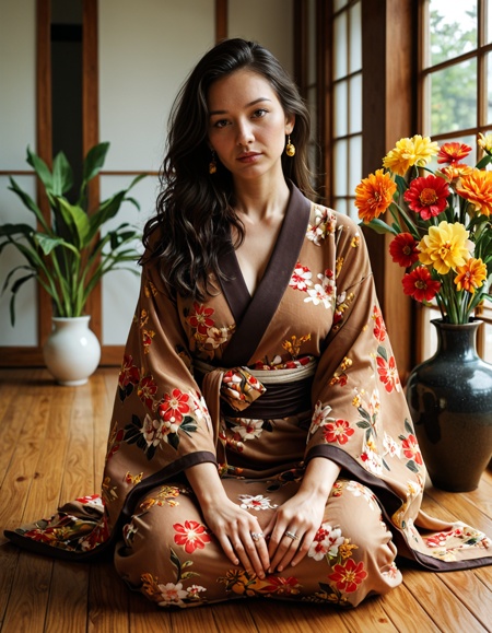 Stable_Yogis_Illustrious_Positives 1girl, solo, long hair, looking at viewer, brown hair, black hair, long sleeves, closed mouth, jewelry, sitting, brown eyes, collarbone, flower, earrings, japanese clothes, day, indoors, wide sleeves, kimono, black eyes, lips, head tilt, wavy hair, ring, plant, red flower, robe, yellow flower, wooden floor, on floor, realistic, potted plant, vase, orange flower, flower pot, brown kimono, asian, photorealistic