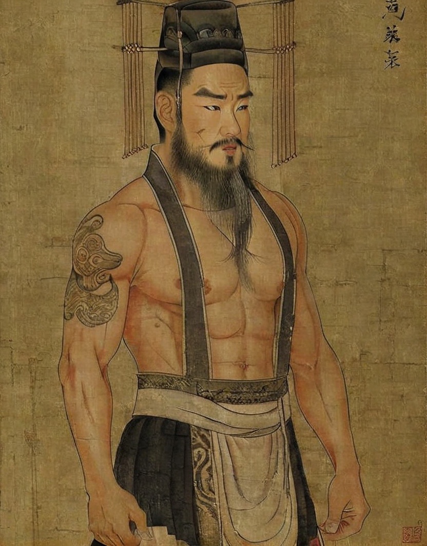 masterpiece,best quality,Diwang, facial hair, 1boys, hat, chinese clothes, hot,musclar,man,beard,tatoo, bare body,gray beard,handsome,<lora:XL_Diwang:0.8>