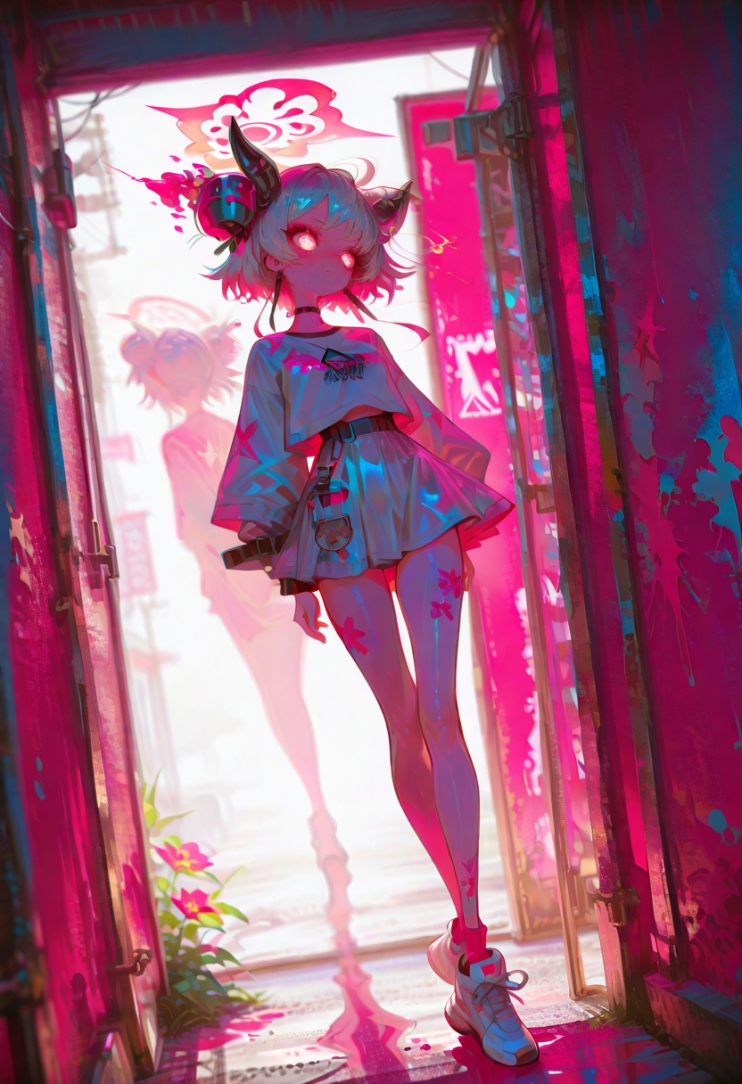 best_quality,masterpiece,cute painting style,perfect body,wide hips,slim waist,thin legs,thin waist,full body,shiny skin,yukari_(blue_archive),Adidas T-shirt,miniskirt,White Adidas sneakers,depth of field,dutch angle,photorealistic,shiny skin,vibrant,(distant shot:1.2),masterpiece,best quality,amazing quality,very aesthetic,absurdres,newest,volumetric lighting,looking at viewer,flower-shaped pupils,glowing eyes,8k,dynamic angle,illustration,intricate details,baby_pink background,dynamic posing,vibrant illustration,fashion details,(floating a chibi character:1.2),wearing matching colors,long_legs,longeyelashes,shadow on background wall,closed mouth,