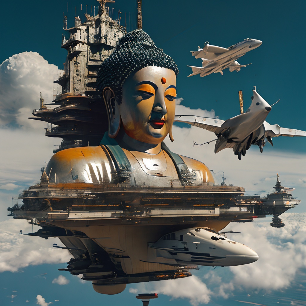 Sakyamuni,A tall portrait,guangzy,cloud,aircraft,sky,military,airplane,day,military vehicle,no humans,science fiction,scenery,spacecraft,watercraft,armor,<lora:jinlong_20240210181031:0.8>, masterpiece, best quality,