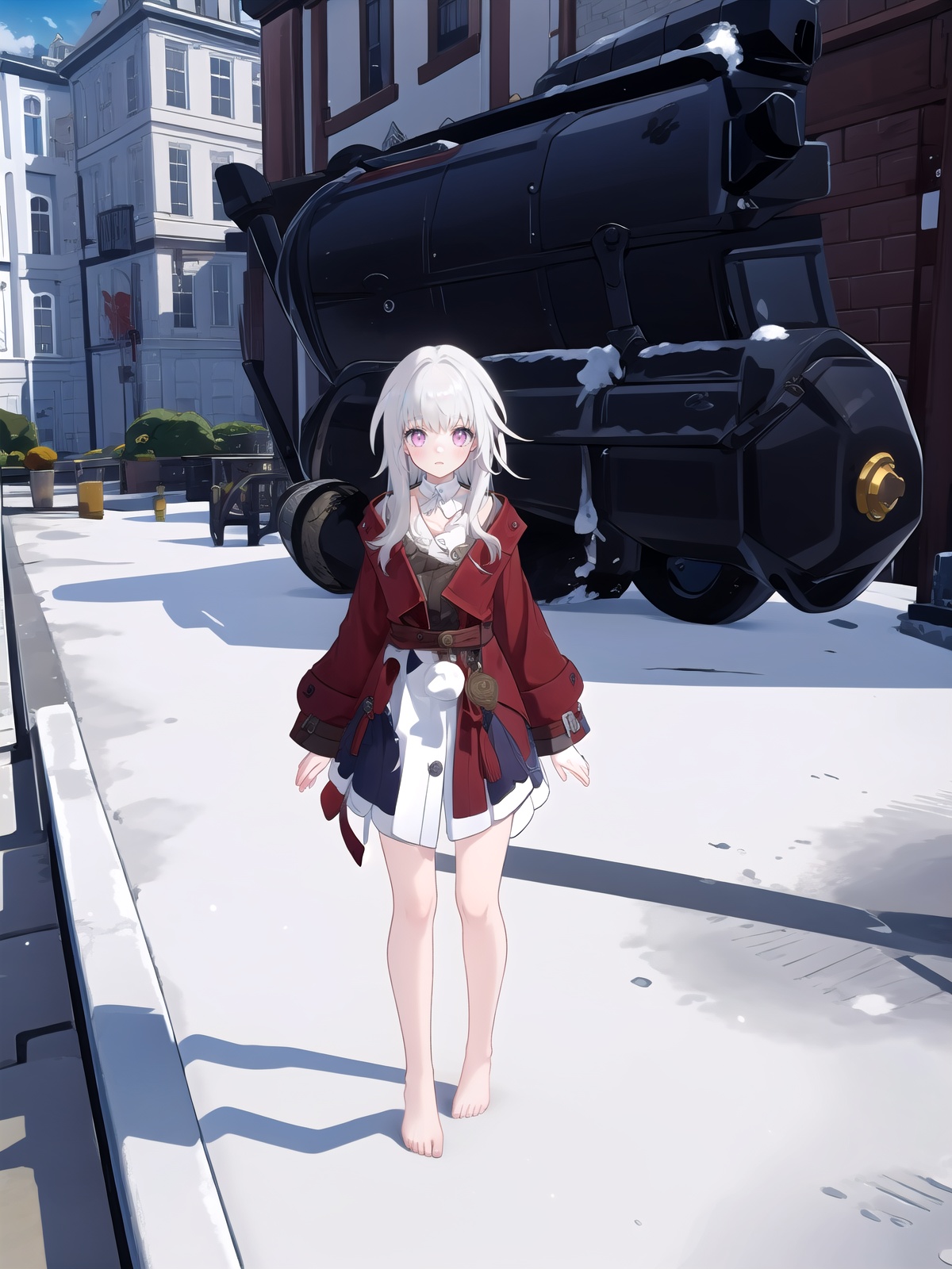 1girl,solo,clara,honkai_star_rail,white hair,outdoors,full body,barefoot,<lora:[角色]-[克拉拉-星穹铁道]Clara_Honkai_Star_Rail_v2-10:0.7>,, (best quality),((masterpiece)),