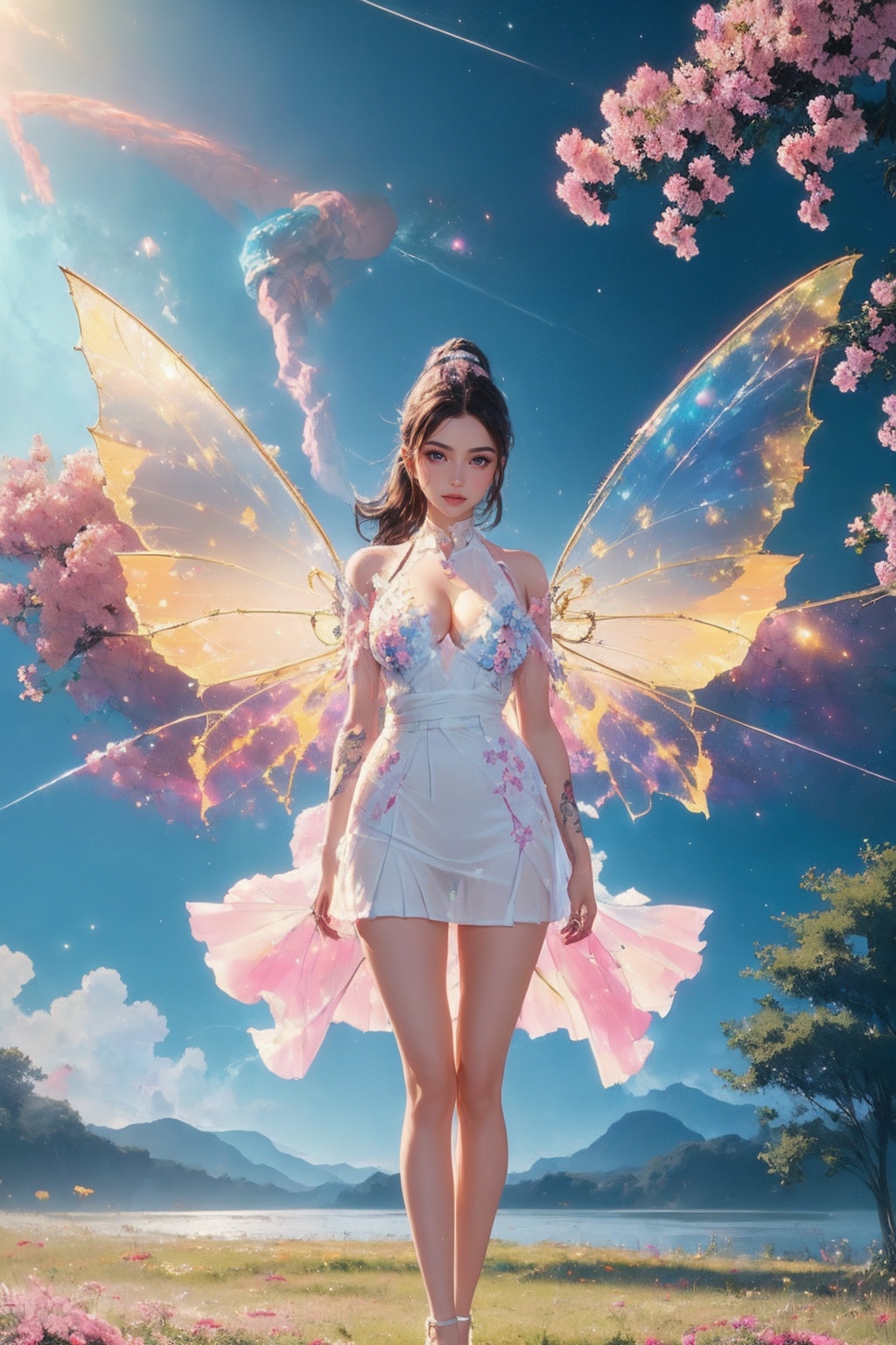 1girl,white see-through dress,short skirt,(very long legs:1.1),(legs apart:1.2),cleavage,tattoo,nebula,(painted clothes:1.3),standing,(transparent wings:1.3),high heels,high ponytail hanging down to the shoulders,lake,flowers,flowers meadows,grasslands,day,sunny sky,outdoors,<lora:Again_Style_2:1>