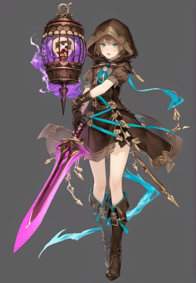 (best quality), ((masterpiece)), (highres), illustration, original, extremely detailed,   <lora:死の爱丽丝:0.7>otoko no ko, male focus, 1boy, boots, solo, full body, cage, weapon, hood, aqua eyes, sword, looking at viewer, holding, brown hair, transparent background, holding weapon, white background, knee boots, open mouth, dress, holding sword, gloves