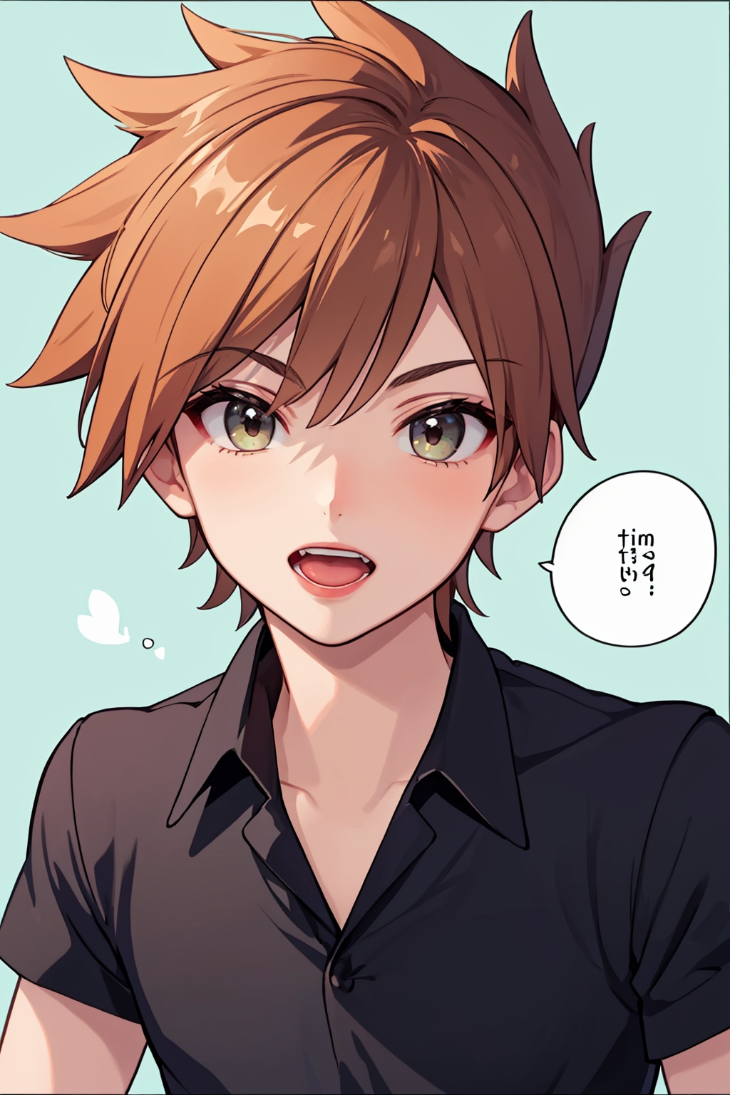 masterpiece,best quality, highly detailed, 1boy,blue oak,male focus,open mouth,d,tongue,upper body,black shirt,collared shirt,solo,upper teeth only,hand up,looking at viewer,short sleeves,speech bubble,<lora:blue_oak:1>