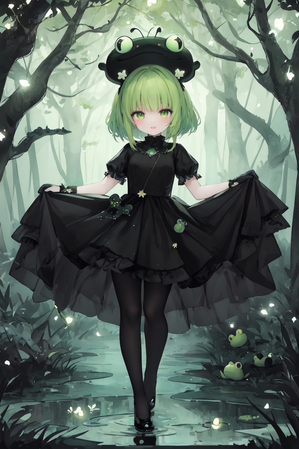 (masterpiece, best quality), cute, black theme, green color theme, vibrant colors, regal dress, sequins, full body, magic swamp, frogs, fireflies.Size