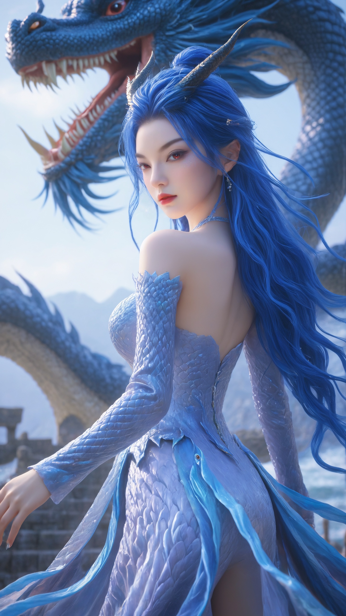 Realistic,(masterpiece:1.2),best quality,depth of field,blurry,aorun,1girl, A pretty girl, huge breasts,narrow waist,wide hips,full body,looking at viewer,long legs,slim legs,Dream scene,The waves, the spray,Chinese style,Outstanding,master work,32K,HDR,RAW,best quality,perfect work,ray tracing,ultra-clear,ultra-high-definition,detailed,ultra-high resolution,Best quality,masterpiece,official art,masterpiece,high quality,highres,best quality,epic scene,natural textures, <lora:ENNE 敖闰_哪吒2_西海龙王_XL_v09:0.9> ,aorun,blue strapless dress,scales，elbow gloves，horns, dragon horns, blue hair, red eyes, makeup, red lips, monster girl, dragon girl,