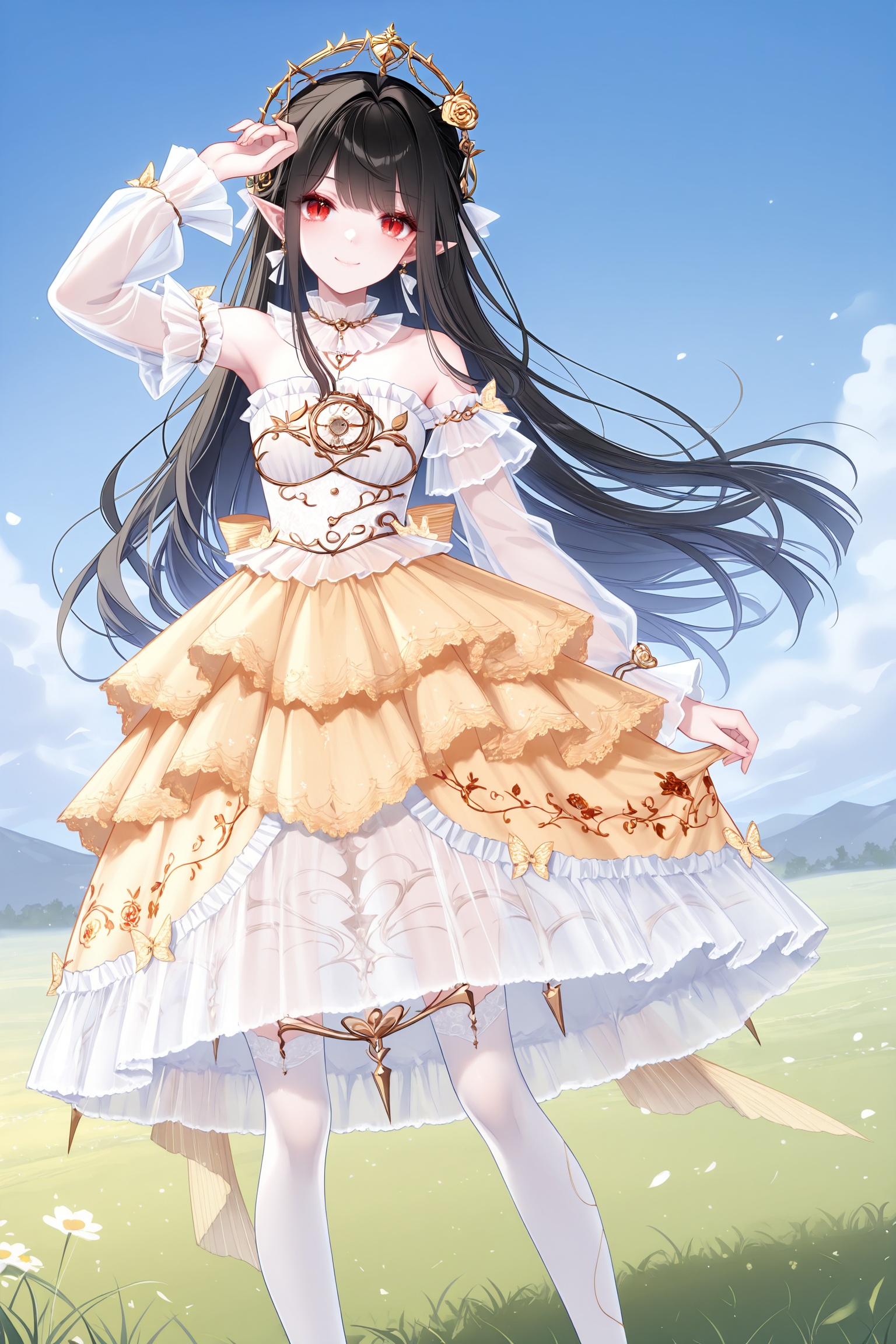 masterpiece,best quality,newest,absurdres,highres,soft shadows,year2024,mutou kurihito,[kimishima ao],[[[bison cangshu]]],[[[[[sheya]]]]],1girl,<lora:AlengerXLNAI:1>,ailan,(messy hair:1.4),black hair,pointy ears,red eyes,long hair,slit pupils,smile,twintails,<lora:wishfulaurosa2XLNAI:1.2>,wishful aurosa,dress,yellow dress,earrings,see-through sleeves,detached sleeves,strapless dress,dress flower,white thighhighs,print thighhighs,frilled dress,see-through dress,outdoors:1.2,grasslands,dress tug,legs apart,arm up,arm at side,