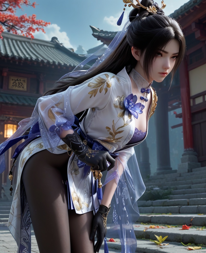 (oriental architecture, elegant decor, sophisticated style:1.1),(Leaning forward with hands on thighs, looking determined,:1.1),(breasts:1.2),<lora:XL32顾清寒冰雁:0.95>,miss guqinghan,white dress,purple lingerie,sash,black hair,long hair,hair ornament,black gloves,black pantyhose,fart curtain,, score_9,score_8_up,score_7_up,score_6_up,score_5_up,score_4_up,3d rendering,tag1,tag2, Cinematic Lighting,backlighting,