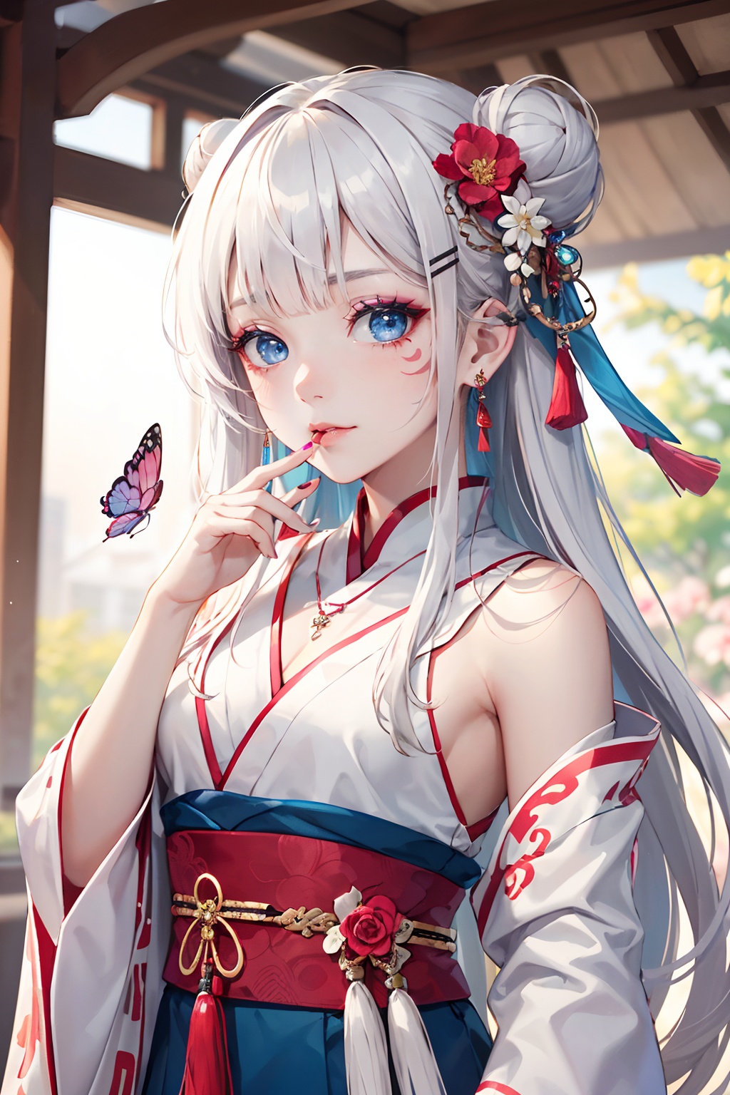 <lora:lora:1>,masterpiece,best quality,high quality,(colorful),loli,1girl,hair ornament,hand fan,jewelry,solo,butterfly,bug,holding fan,folding fan,hair flower,holding,flower,looking at viewer,earrings,white hair,blue eyes,necklace,upper body,covering own mouth,blunt bangs,hair bun,long hair,tassel,pink nails,hanfu,blurry,makeup,single hair bun,tattoo,folded fan,chinese clothes,pink flower,eyeshadow,facial mark,covered mouth,eyeliner,tassel hair ornament,hand up,blurry background,long sleeves,tassel earrings,nail polish,hairpin,hairclip,
