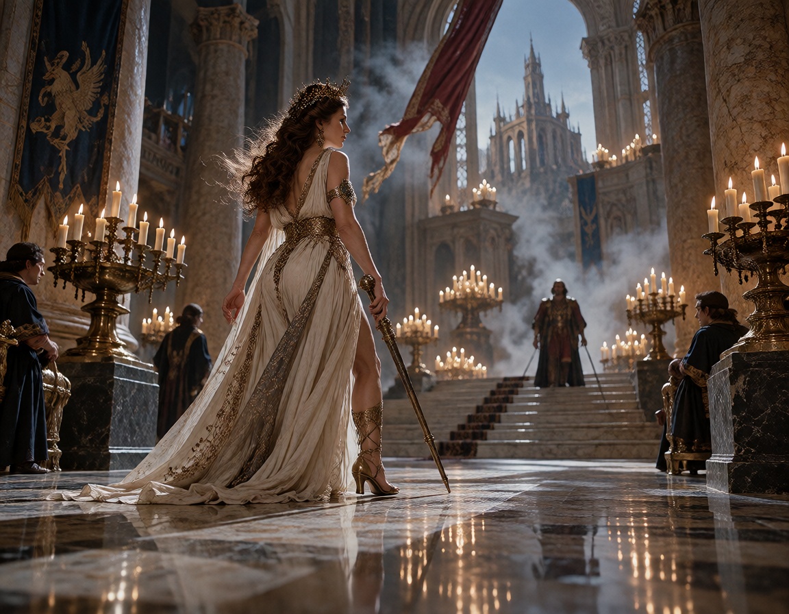 An elegant sorceress walking through an enormous palace hall,  monumental practical set with polished stone floors,  huge...