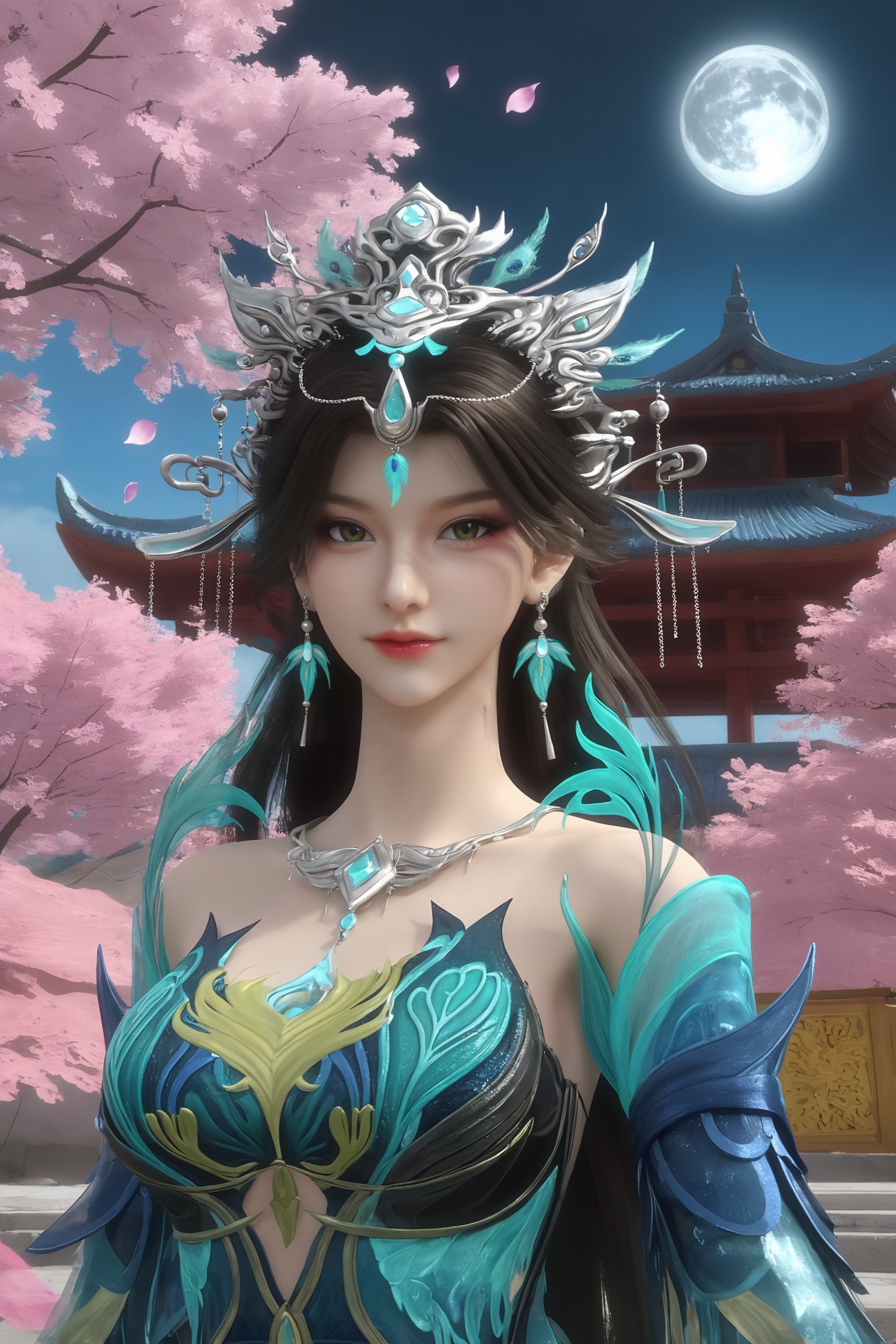 masterpiece,best quality,solo,1girl,upper body,petals,looking at viewer,moon,branch,cherry blossoms,flower,extreme aesthetic,(quasarcake:0.7),masterpiece,best quality,good quality,newest,very aesthetic,absurdres,A shot with tension,(Visual impact,giving the poster a dynamic and visually striking appearance:1.2),impactful picture,offcial art,colorful,splash of color,movie perspective,<lora:云深不知梦-燕倾菲Pony:0.7>,1girl,long,dark hair,ornate headdress,earrings,flowing,ethereal gown in shades of blue,teal,and silver,featuring intricate,dragon-like patterns and a deep V-neckline.,