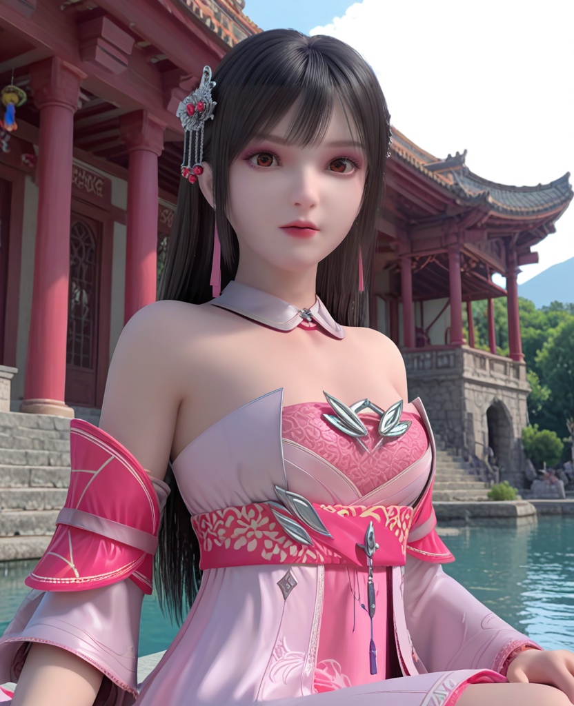(oriental architecture, elegant decor, sophisticated style:1.1),(straddling:1.1),(breasts:1.2),<lora:XL雪鹰领主姬容:0.95>,miss jirong,white pleated dress paired with a pink dress,black hair,long hair,hair ornament,jewelry,red eyes,detached collar,bangs,lips,detached sleeves,sash,, score_9,score_8_up,score_7_up,score_6_up,score_5_up,score_4_up,3d rendering,tag1,tag2, Cinematic Lighting,backlighting,
