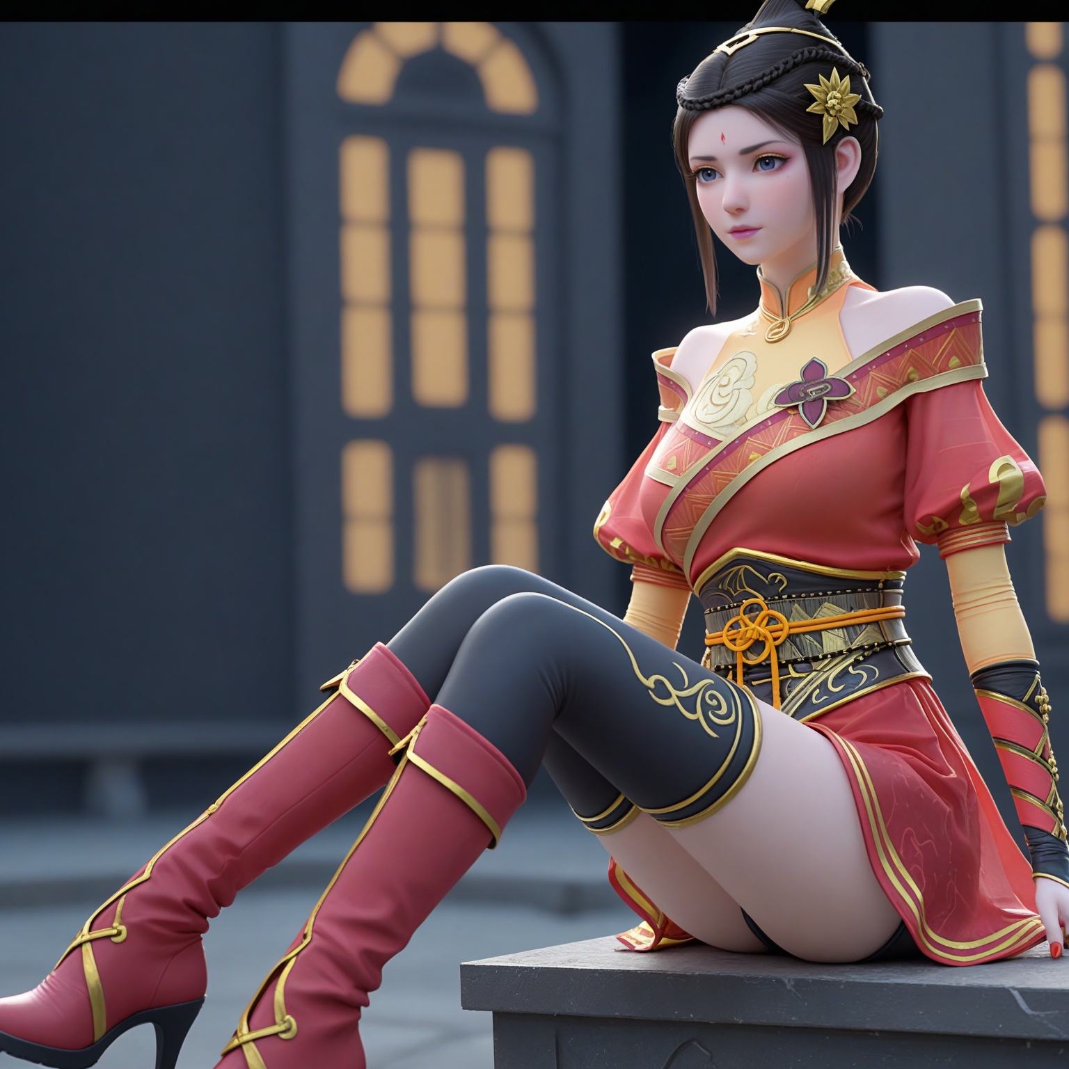 (upper_body:1.1),(huge breasts:0.9),52.<lora:YQponyhujiaV4:0.8>,1girl,solo,black hair,dress,bare shoulders,hair ornament,facial mark,forehead mark,chinese clothes,thighhighs,black thighhighs,red dress,brown hair,jewelry,zettai ryouiki,puffy sleeves,braid,hair bun,short hair,boots,mole,blue eyes,brown eyes,high heels,sash,realistic,long sleeves,knee boots,red nails,short sleeves,shorts,,blush,(looking_at_viewer:1.1),BREAKintricate details,shiny_skin,solo focus,(blurry background:1.1),(depth of field:1.1),perfect_anatomy,(cinematic lighting:0.9),(volumetric lighting:0.9),(simple background,pure black background,black background:1.1),