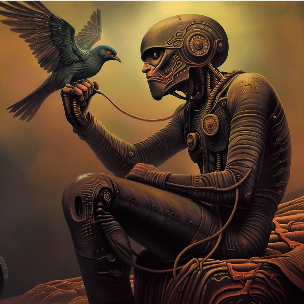 zawadzkistyle,  a painting by artist and illustrator,  shows a man with a bird on Tensor.Art