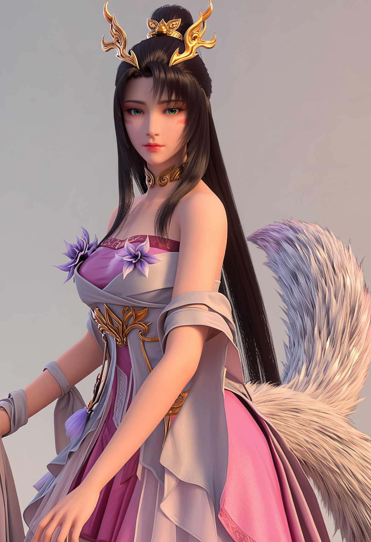 score_9,high detail,best quality,cinematic lighting,volumetric lighting,shiny skin,shiny,1girl,solo,green_eyes,facial mark,mole under eye,dress,long hair,flower,white background,black hair,tail,closed mouth,ponytail,hair ornament,bare shoulders,pink dress,simple background,looking at viewer,<lora:QQSponytianhuxianziV1:0.8>,<lora:Pony_DetailV2.0:0.8>,<lora:皮肤凹痕:0.1>,