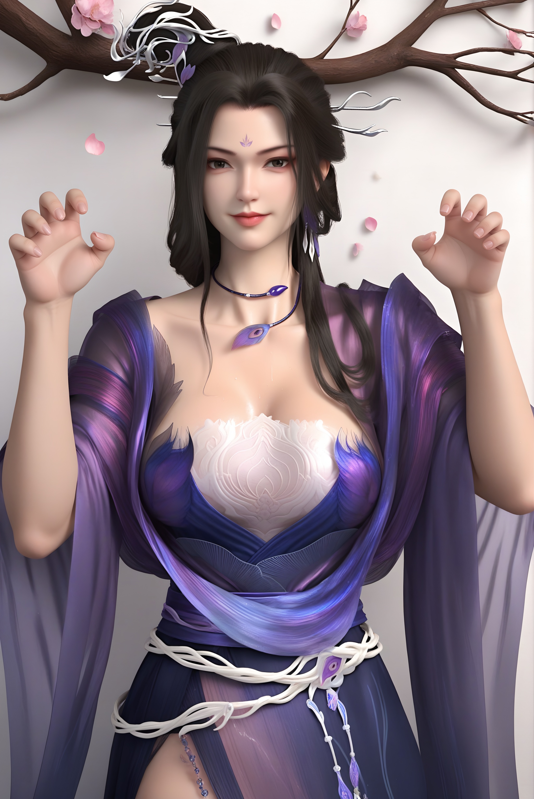 (score_9),mature_female,curvy,collarbone,(glamor:1.1),narrow waist,<lora:风秋雨pony-v2:0.85>,fqy,1girl,solo,long hair,black hair,hair ornament,updo,earrings,forehead mark,light blush,light smile,see-through,jewelry,choker,layered dress,flowing long gown,sheer ruffled sleeves,large breasts,(claw_pose:1.1),(paw_pose),purple sash,waist sash,BREAKlooking at viewer,front view,cowboy shot,(white_skin),(sweaty skin),(Ivory_skin),light_skin,(very sweaty),standing,thighs,simple background,white background,twig,branch,falling petals,masterpiece,best quality,absurdres,highres,hd,letterboxed,<lora:e肤色滑块:1>,